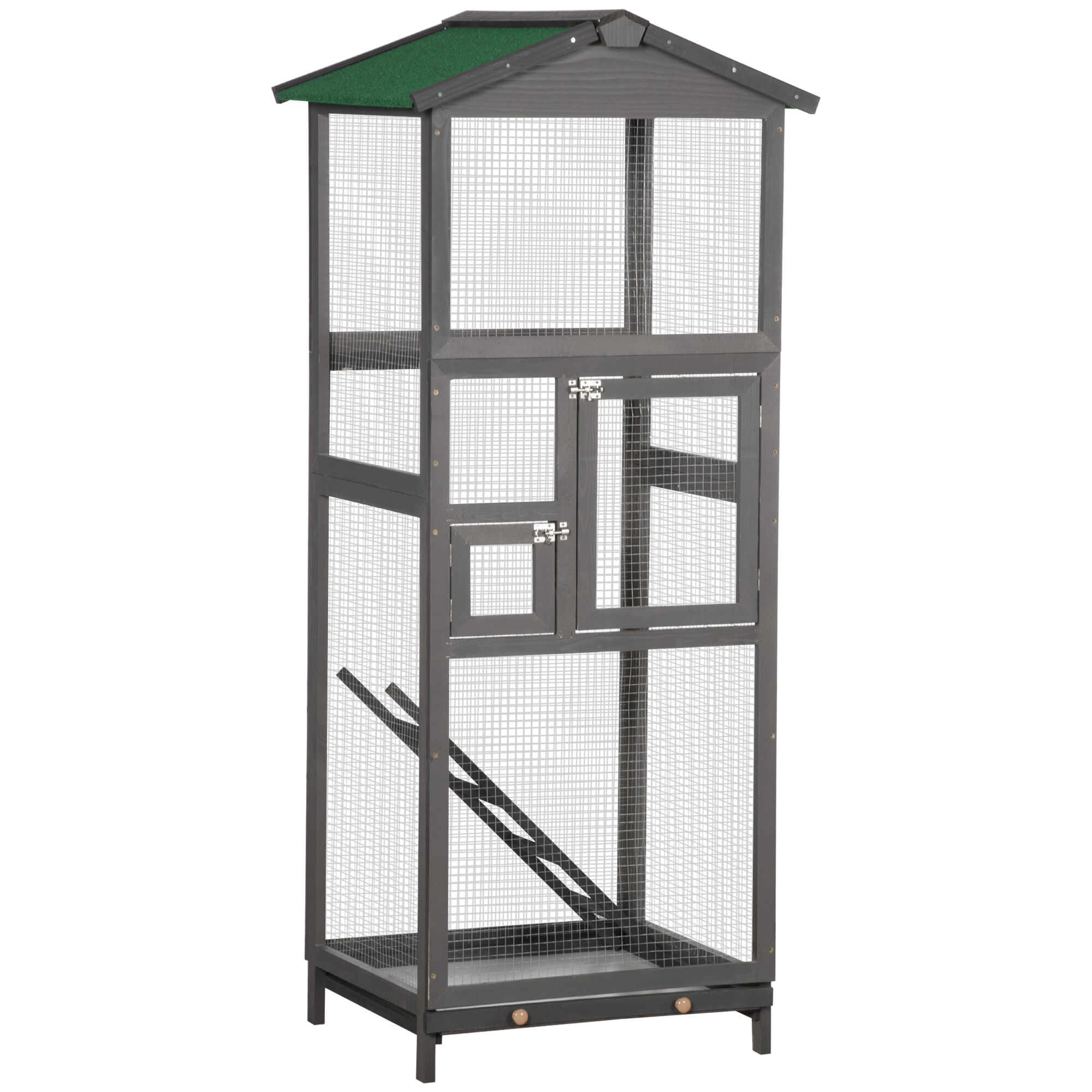 PawHut 65 Outdoor Wooden Bird Cage for Finches Aviary with Tray 2 Doors Grey   Aosom.com