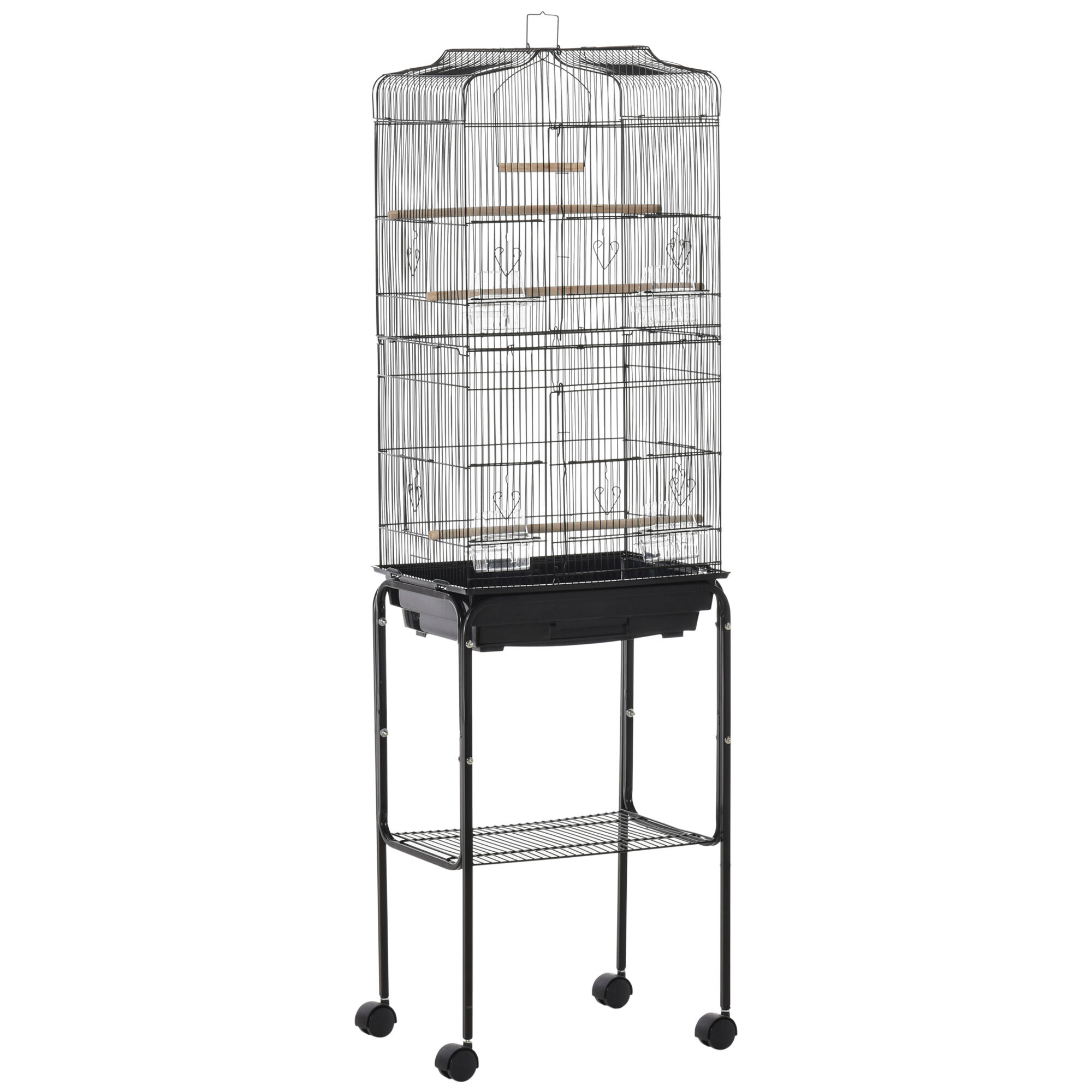 PawHut 62 Metal Bird Cage Kit with Rolling Stand Storage Basket & Accessories Black   Aosom.com
