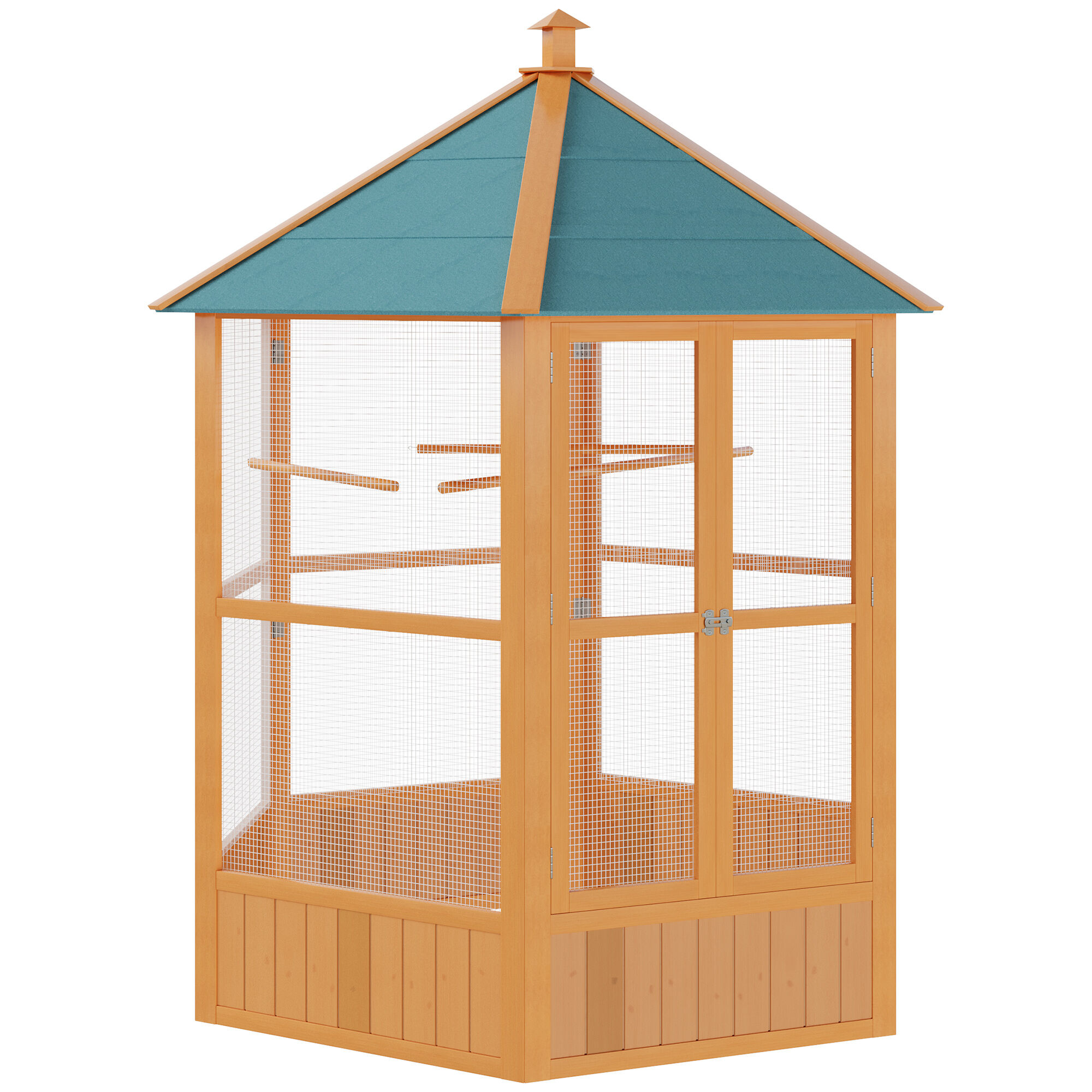 PawHut 69" Large Wooden Hexagonal Outdoor Aviary Flight Bird Cage With Covered Roof