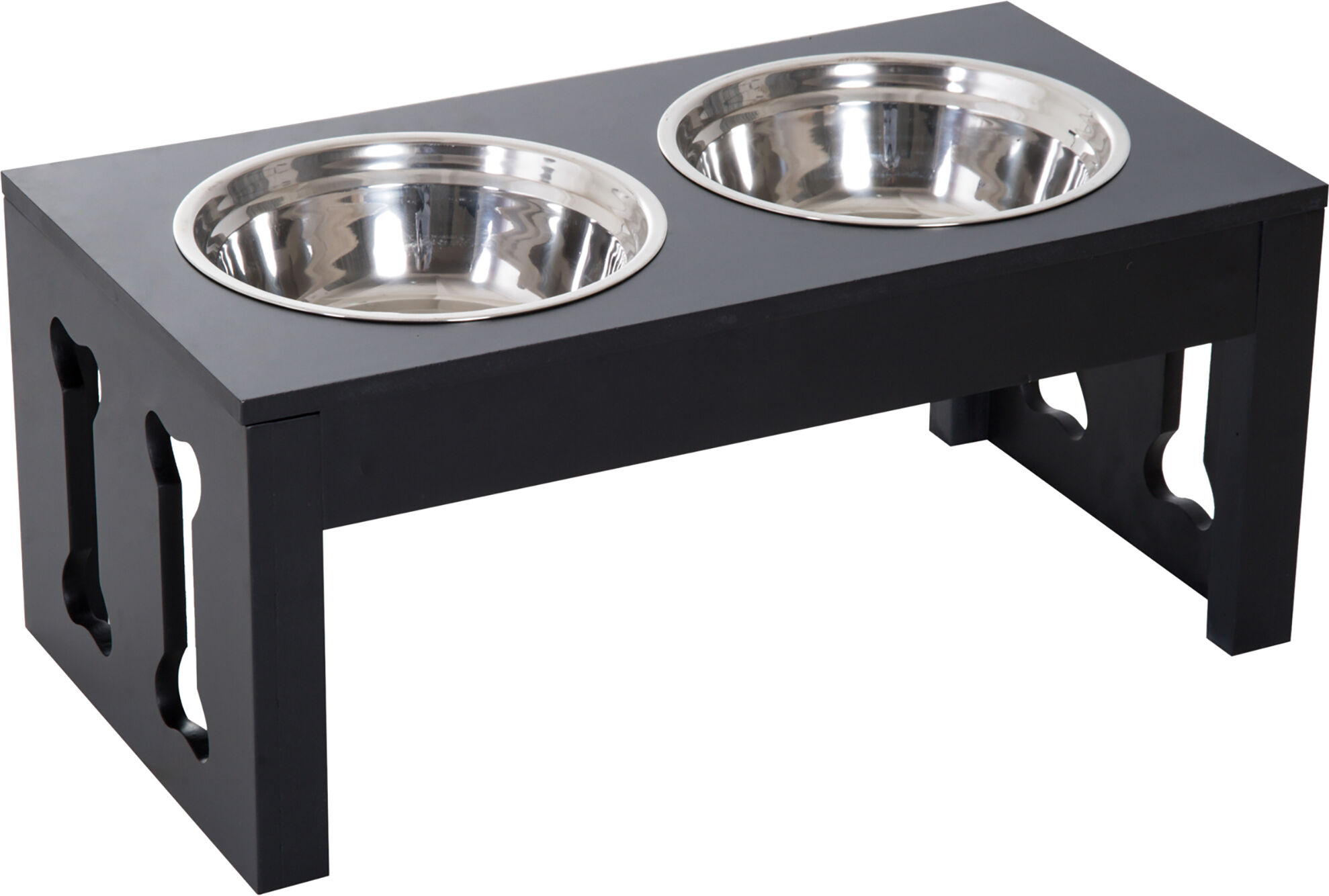 PawHut 23" Modern Decorative Dog Bone Wooden Heavy Duty Elevated Dog Bowl Feeding Station - Black