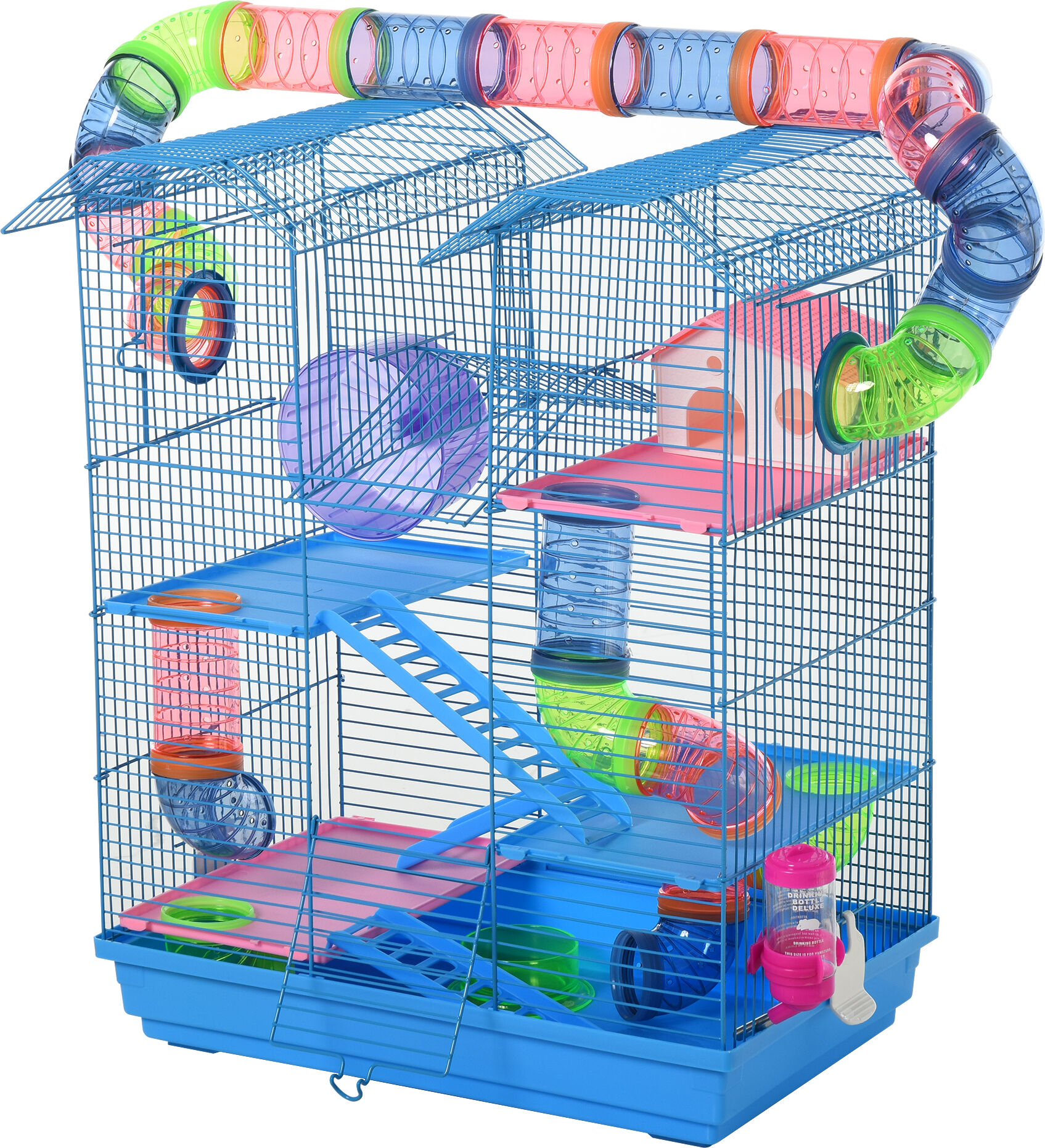 PawHut 5 Tiers Hamster Cage Small Animal Rat House, Mice Mouse Habitat with Exercise Wheels, Tube, Water Bottles & Ladder, Blue