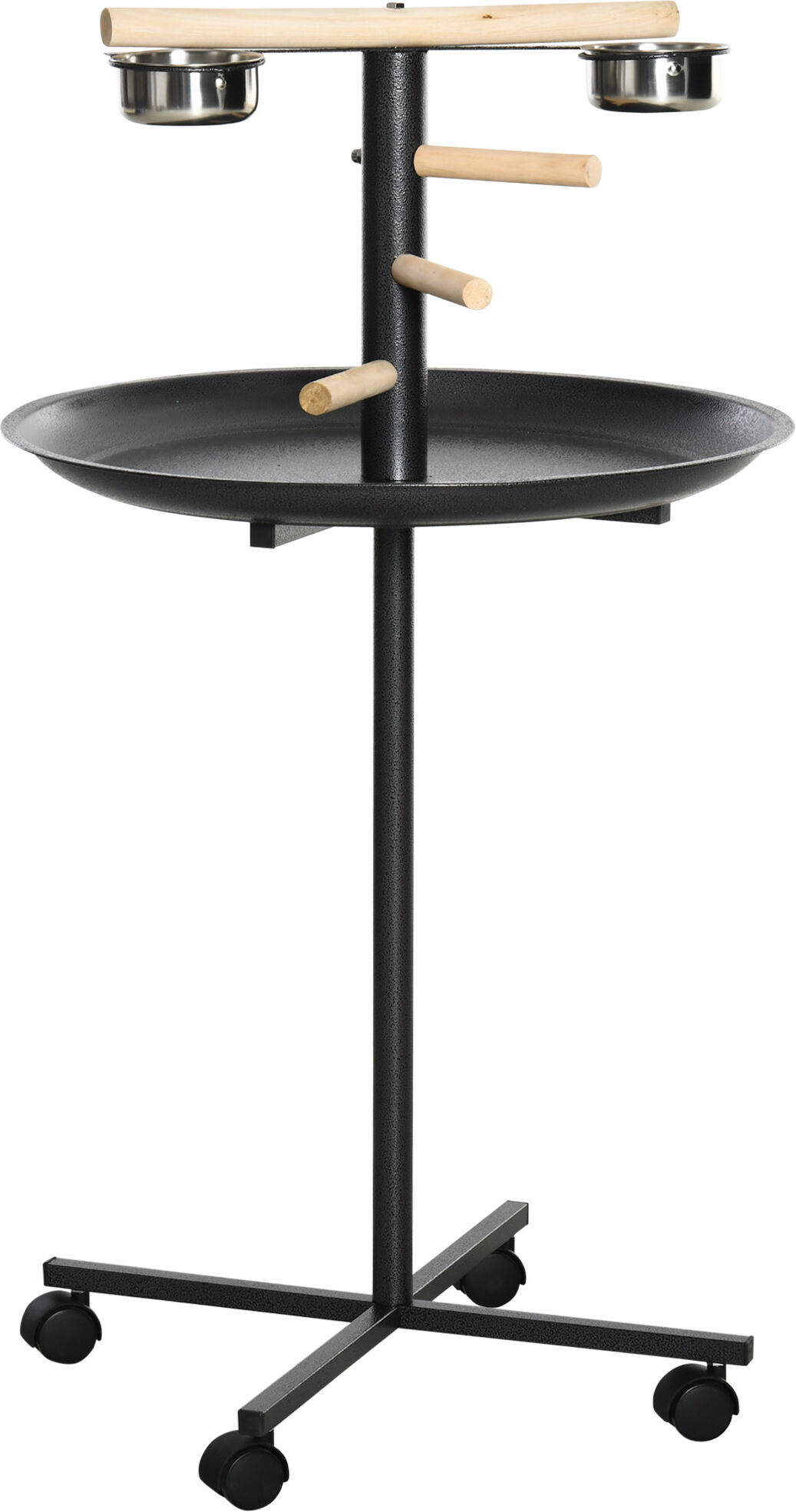 PawHut Bird Feeder Stand Portable Parrot Perch Play Stand with Wheels Stainless Steel Bowls Round Tray Grey   Aosom.com