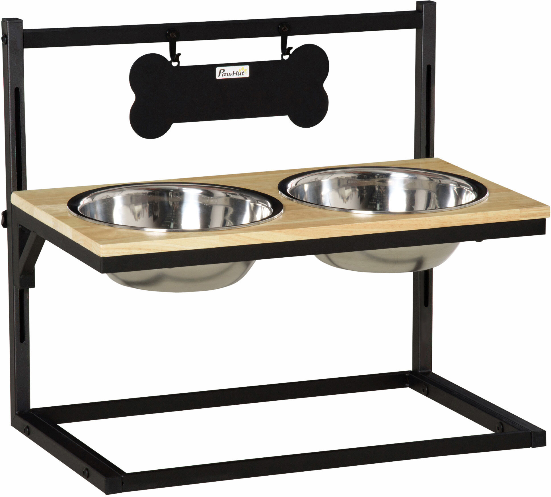 PawHut Elevated Dog Bowls Raised Pet Feeder with 2 Stainless Steel Bowls Adjustable Dog Bowl Platform for Small Medium Large Dogs, Natural