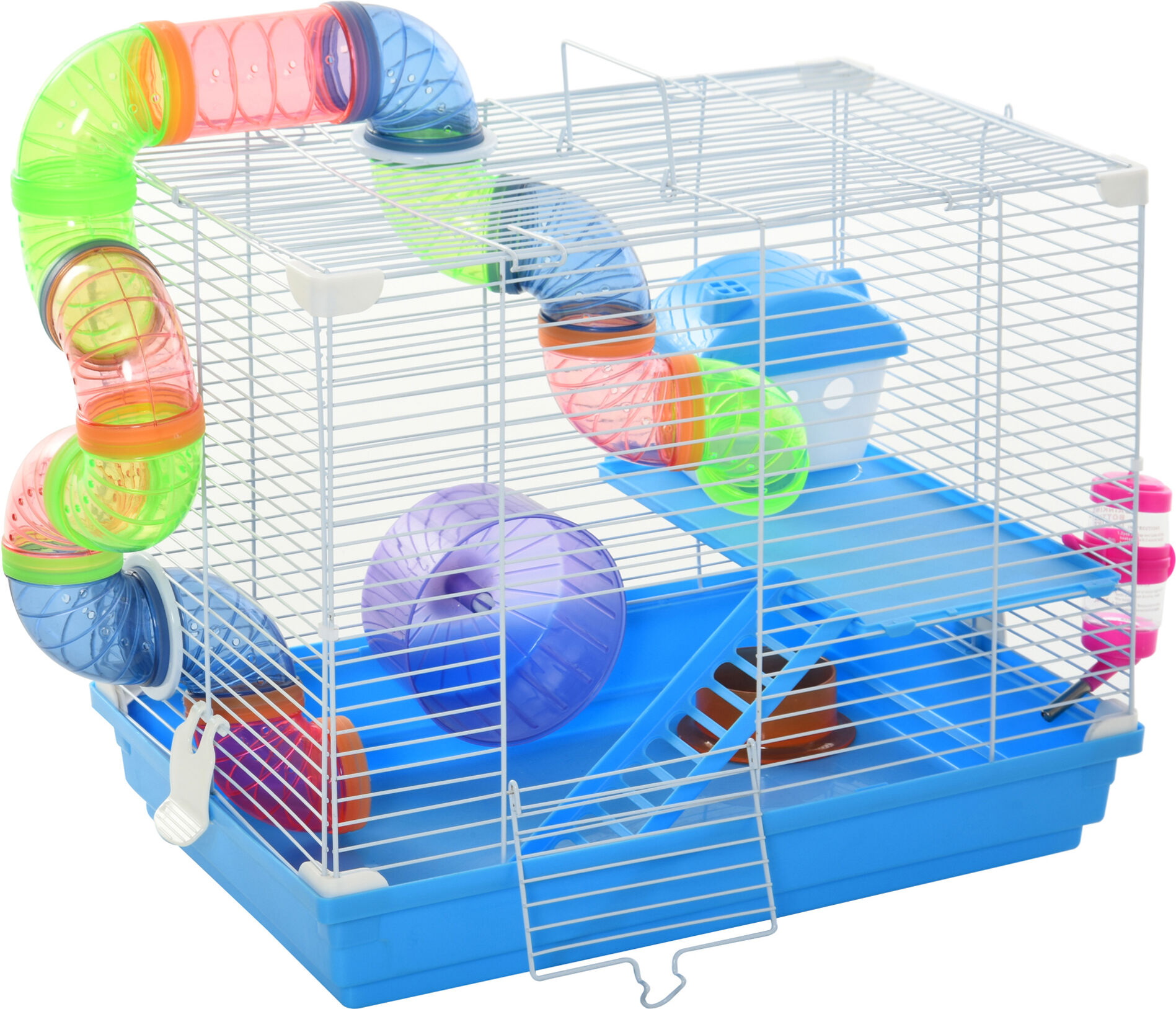 PawHut 2-Tier Best Hamster Cage, Portable Carry Handles, Anti-Pinning, Detachable Plastic Tray, with Water Bottle, Food Dishes, Blue   Aosom.com