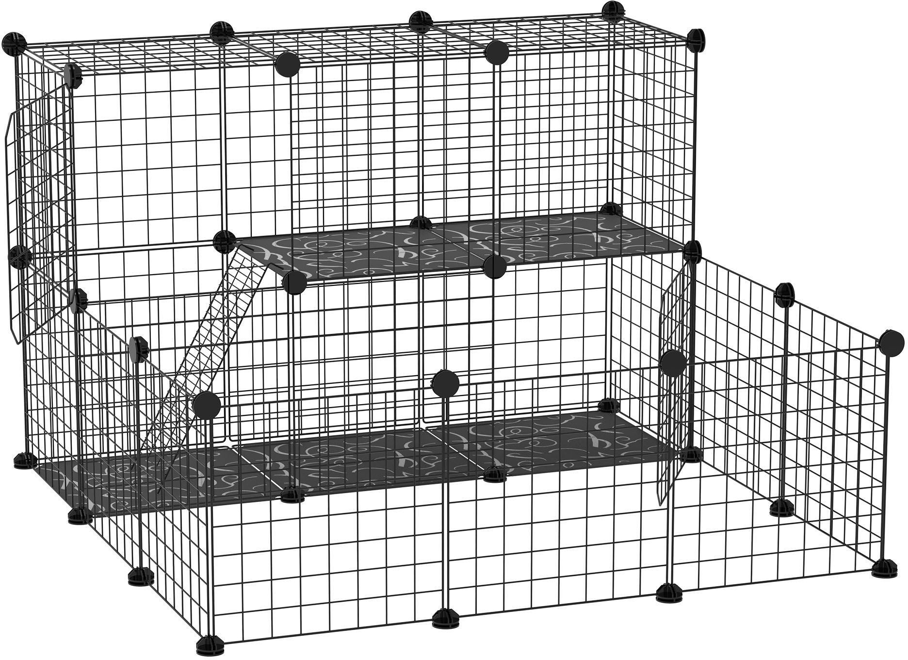 PawHut Foldable 2-Tier Small Animal Playpen with Door Ramp DIY Fence for Bunny Pet Enclosure Black   Aosom.com