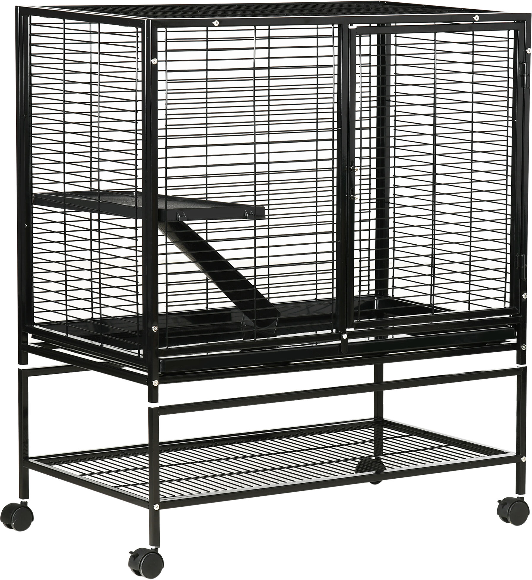 PawHut 2-Tier Small Animal Cage, Pet Playpen for Ferrets Chinchillas Guinea Pigs with Wheels, Removable Tray & Platform Ramp, Black, 36" x 20" x 42"