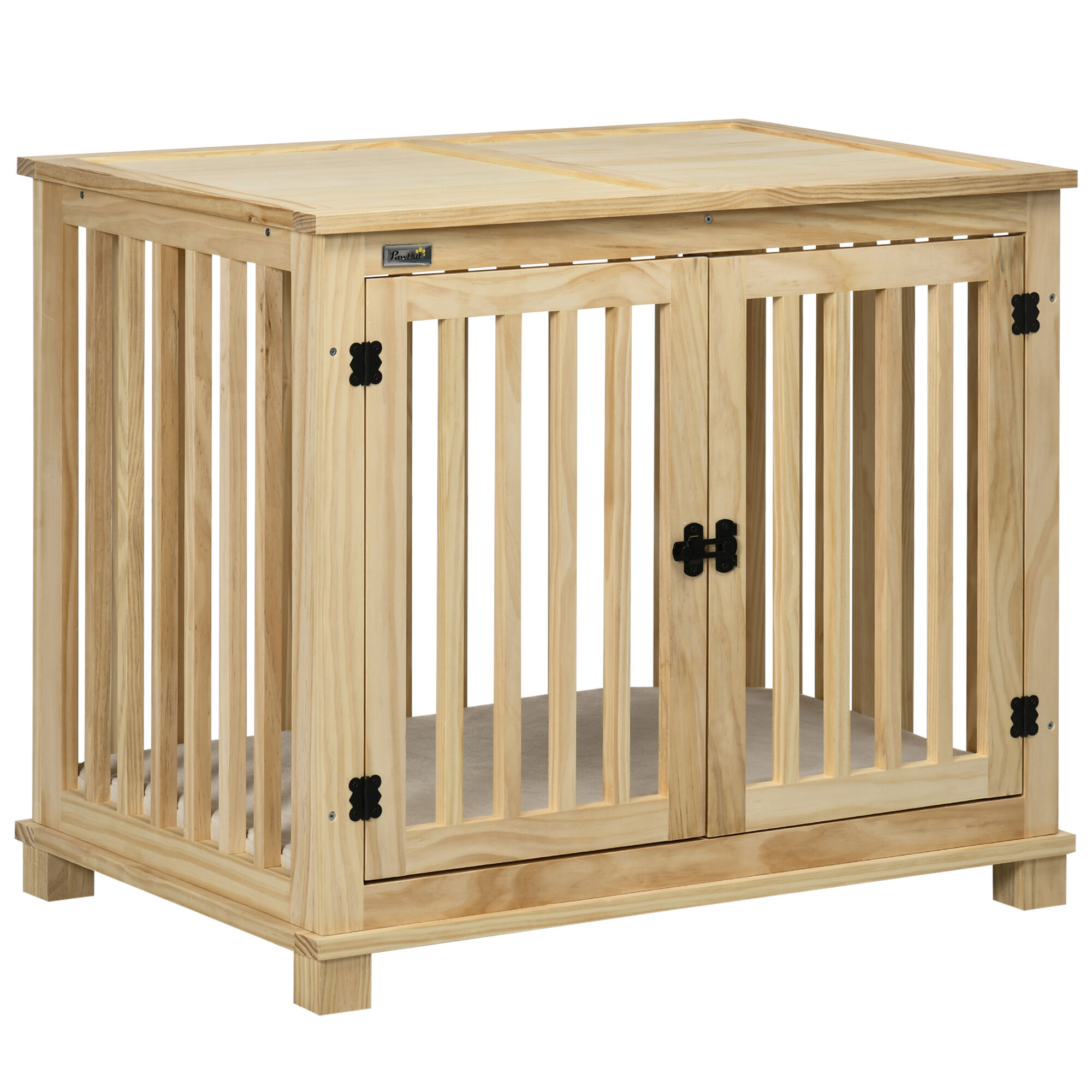 PawHut Chic Wooden Dog Crate Furniture w/ Cushion Double Doors Natural for Small Medium Dogs Indoor Pet Crate   Aosom.com