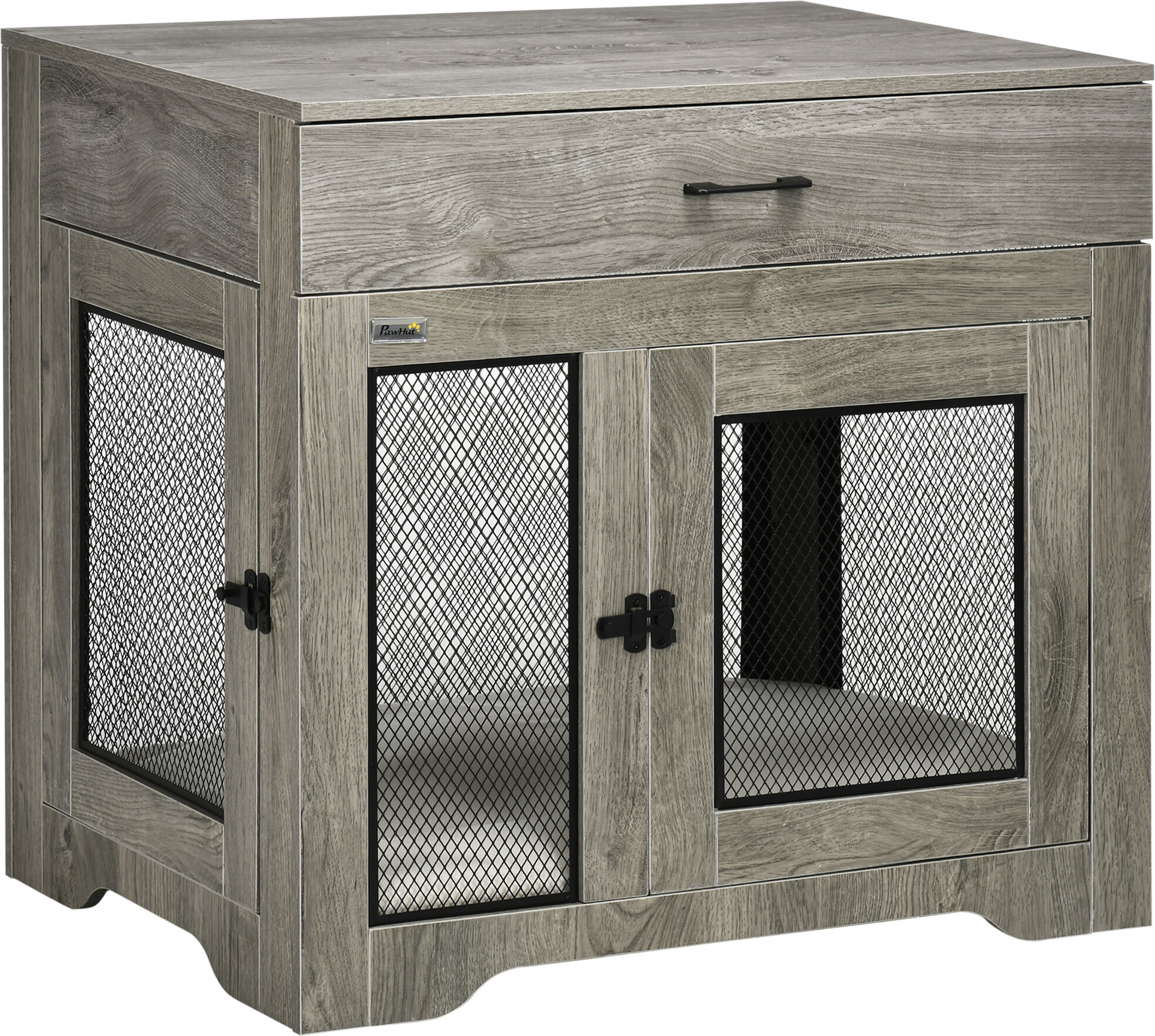 PawHut Luxury Dog Crate Furniture with Cushion Gray Dog Crate End Table Drawer 2 Doors Small Dogs Cage   Aosom.com