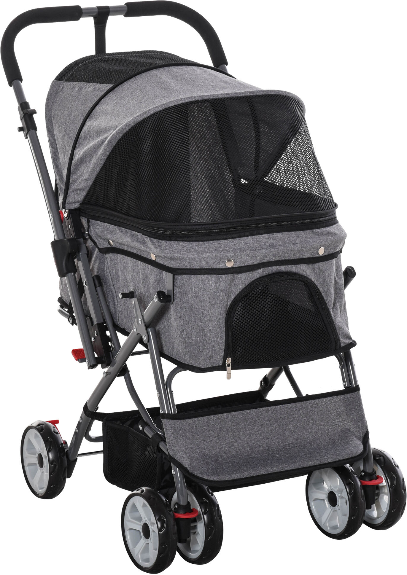 PawHut Pet Stroller Foldable Dog/Cat Travel Carriage with Reversible Handle Basket Storage Bag 3-stage Canopy Zippered Mesh Window Door Grey