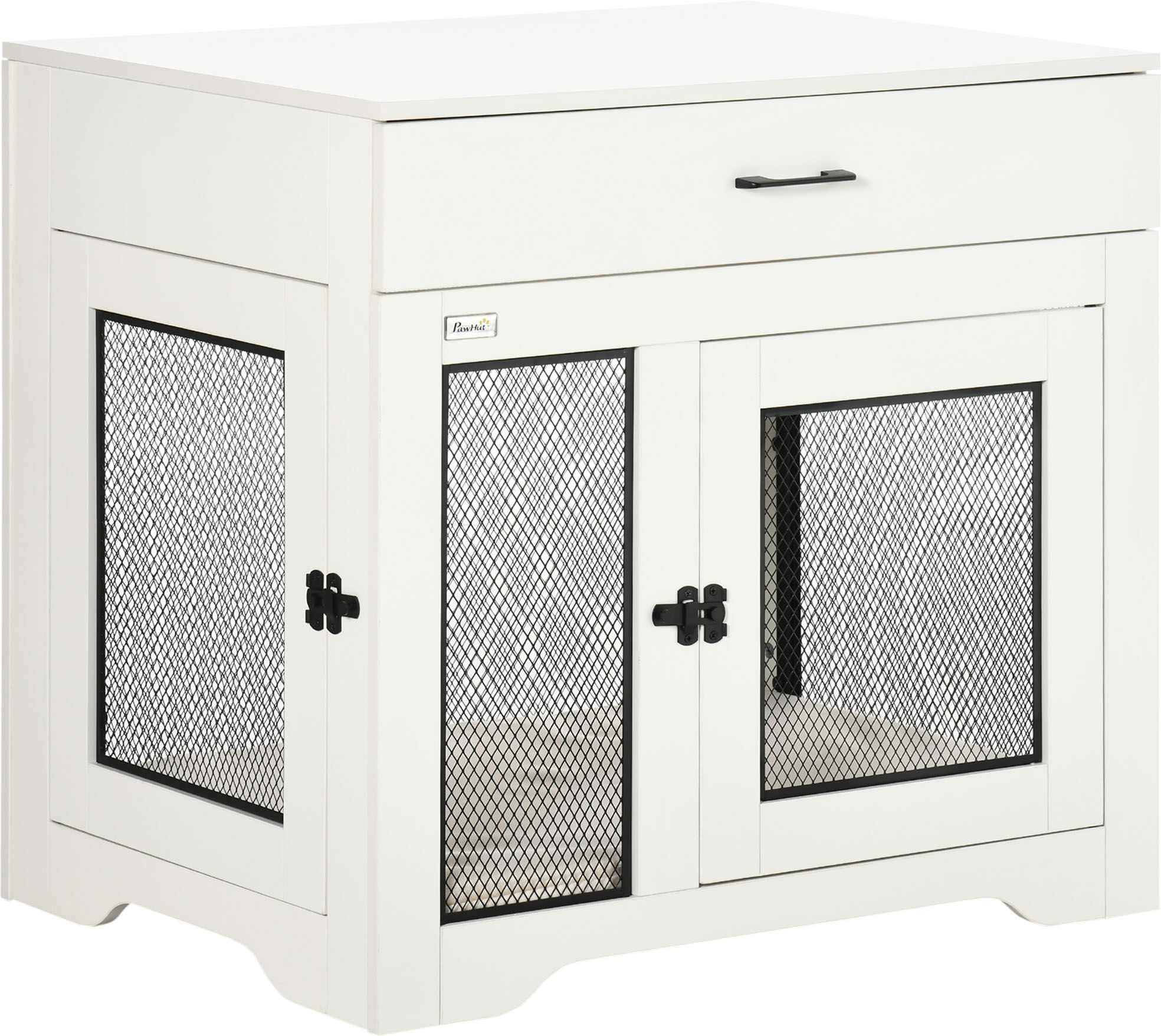 PawHut Stylish Dog Crate End Table White with Cushion Dog Cage Kennel Drawer 2 Doors Small Dogs Indoor Crate   Aosom.com