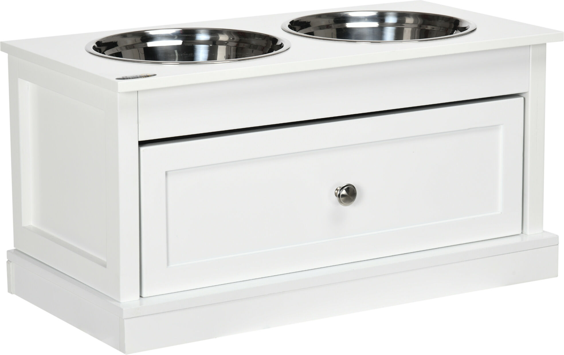 PawHut Large Elevated Dog Bowls for Large Dogs Dog Feeder Station with 2 Stainless Steel Bowls Storage Drawer Wood Stand for Cats White   Aosom.com