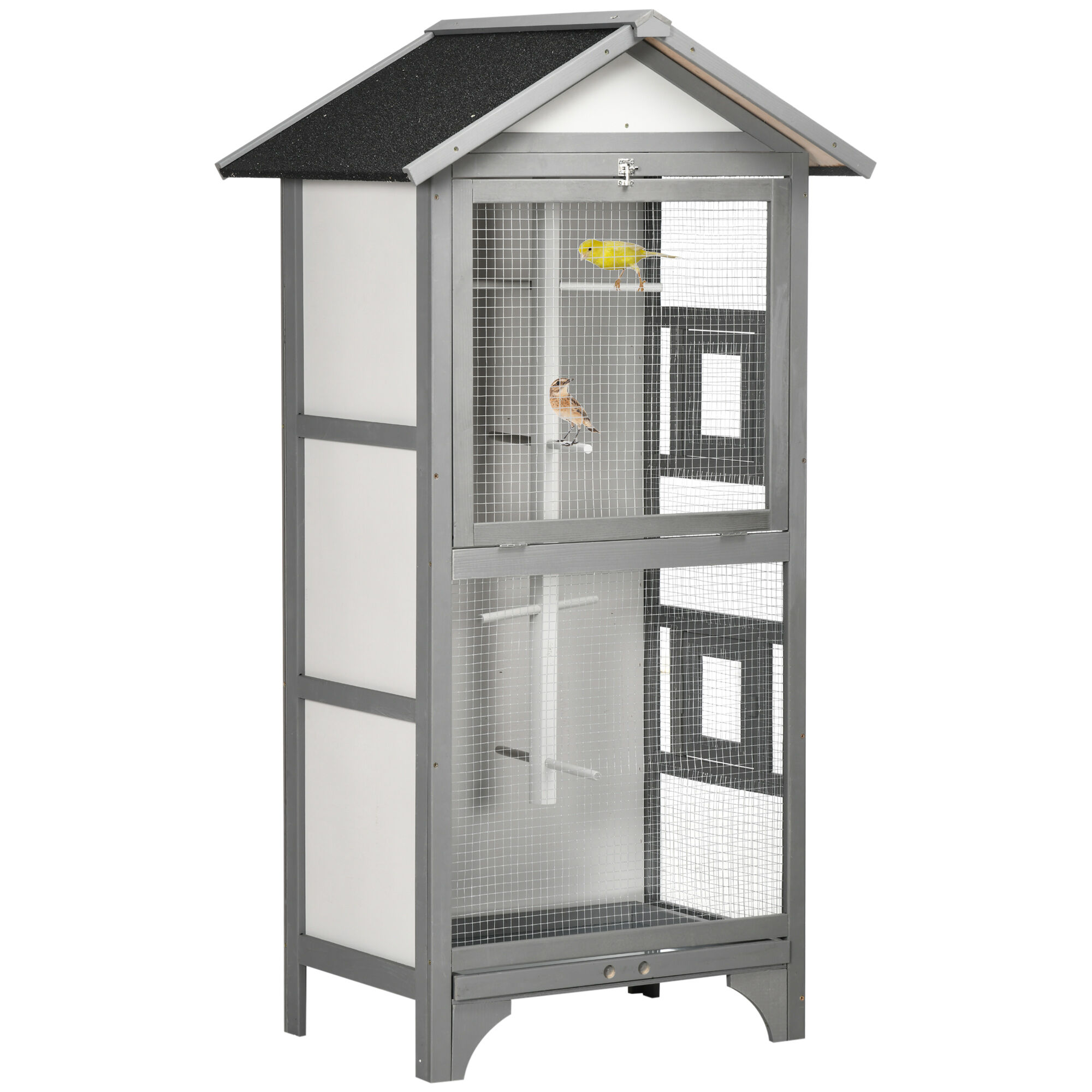 PawHut Wooden Outdoor Bird Cage Light Grey Large Play House with 4 Perch Removable Tray for Easy Cleaning   Aosom.com