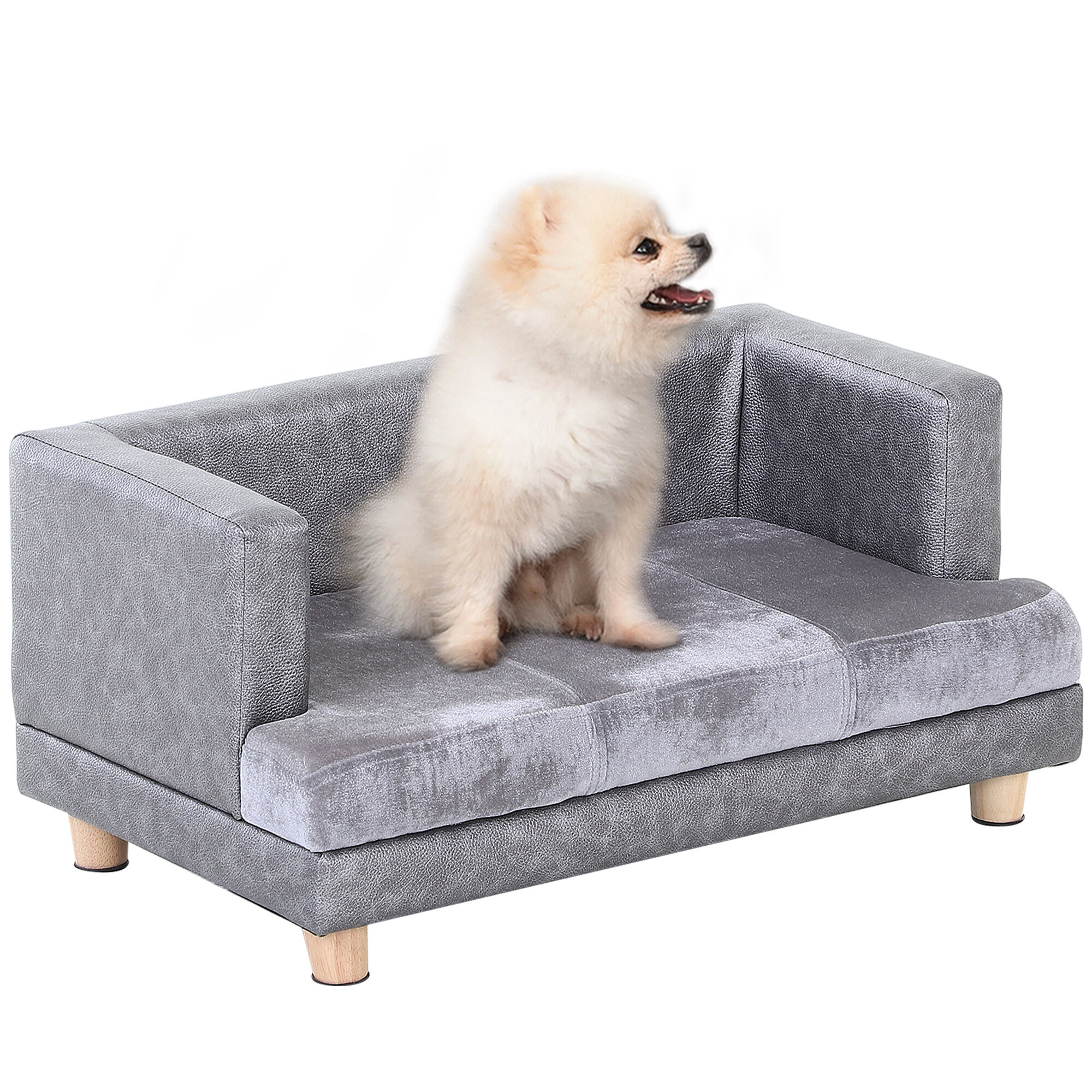 PawHut Pet Sofa Bed for Small Dogs Cats with Soft Fuzzy & Faux Leather Combo, Small Dog Couch with Safety Design, Grey, 27" x 16" x 12.5"