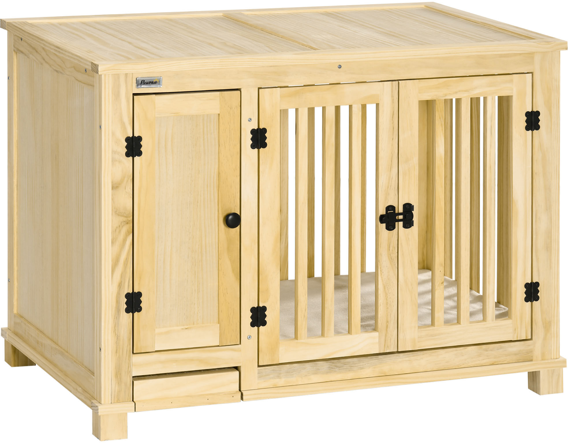 PawHut Stylish Wooden Dog Crate w/ Cushion Drawer & Bowl Storage Natural for Small Dogs Indoor Kennel   Aosom.com