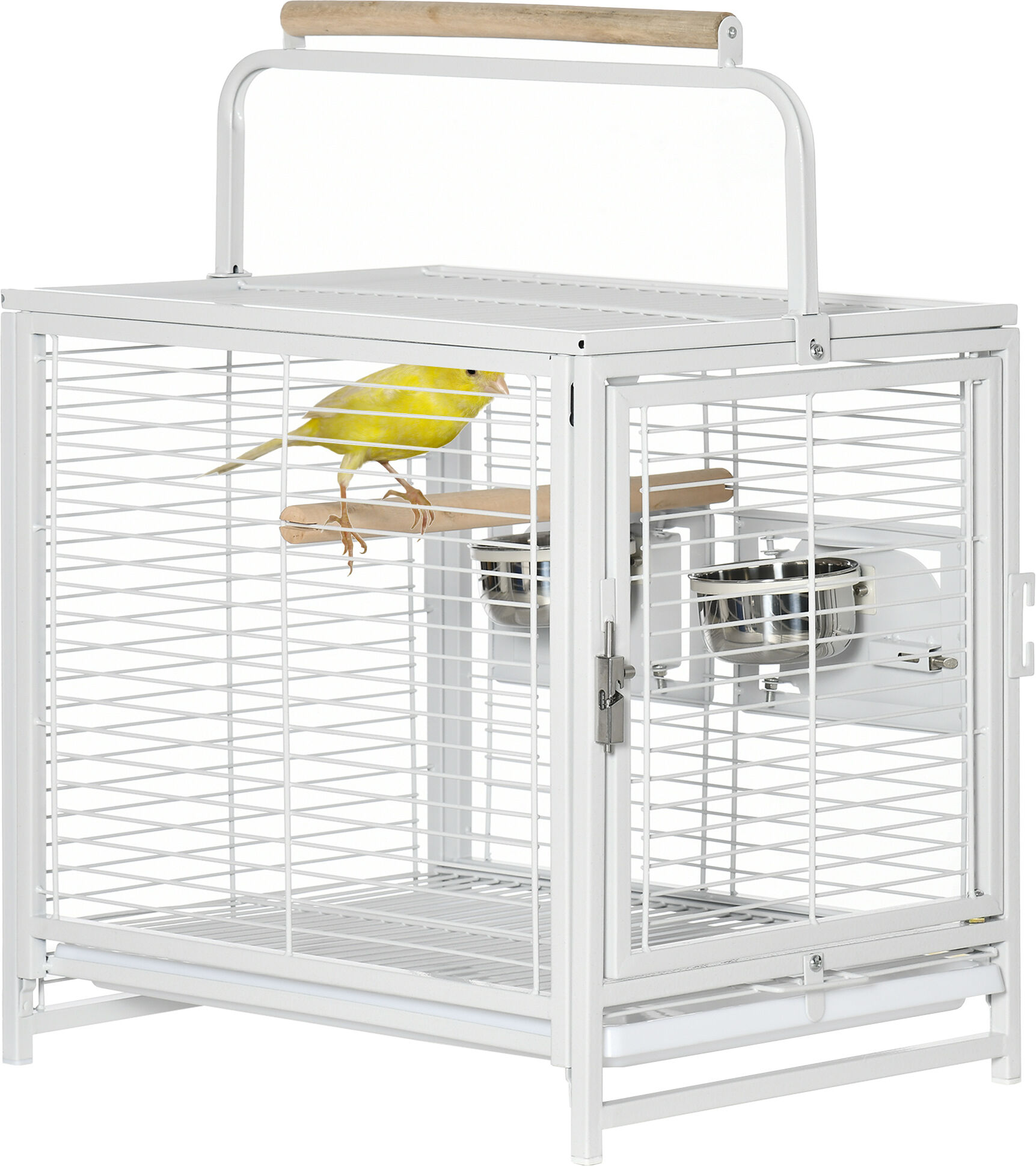 PawHut 19" Travel Bird Cage Parrot Carrier with Handle Wooden Perch for Cockatiels, Conures, White