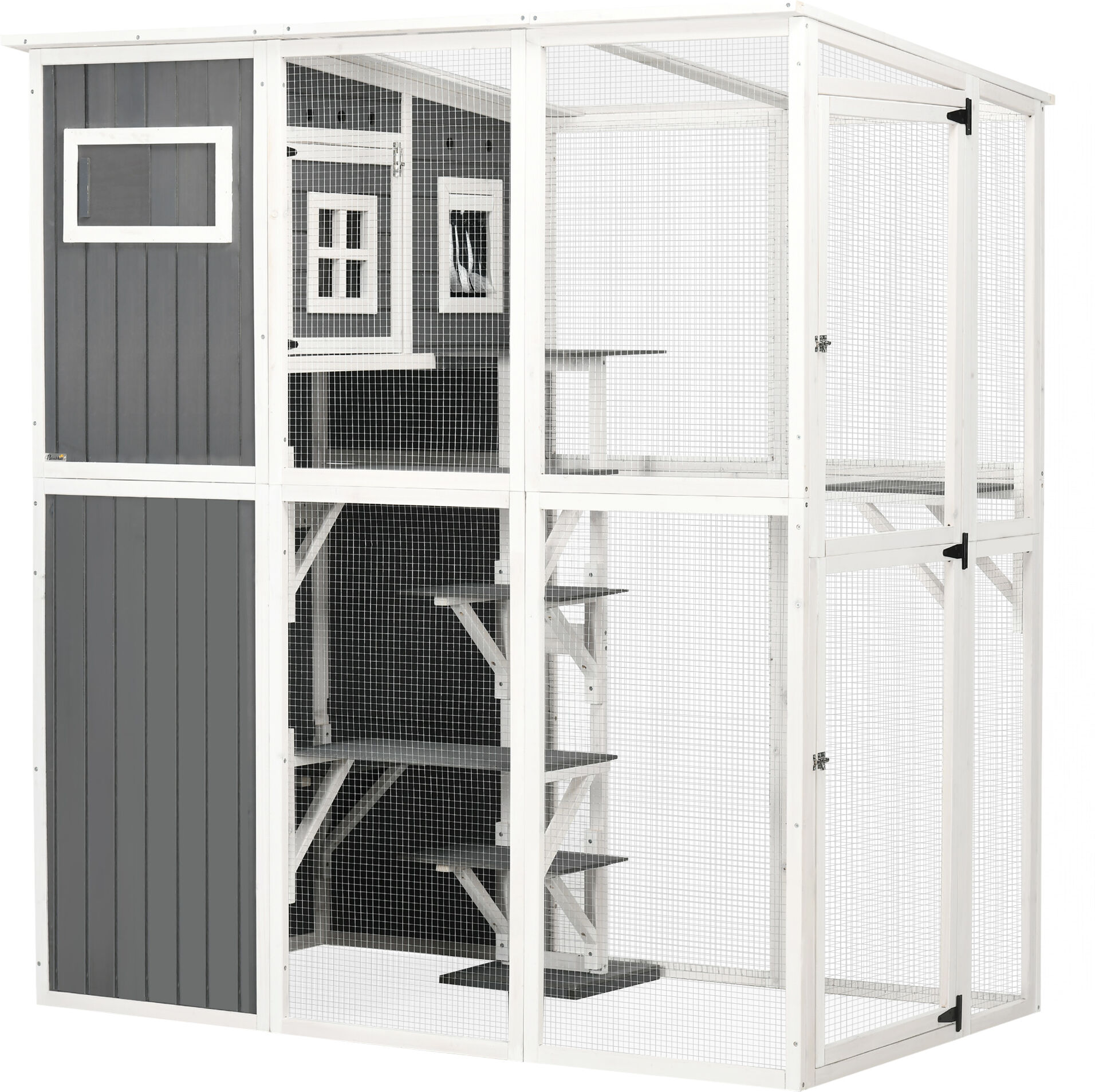 PawHut Walk-In Outdoor Wooden Catio - PVC Weather Protection Roof, Multiple Platforms, Resting Condo, Doors, Windows, Safe & Spacious   Aosom.com