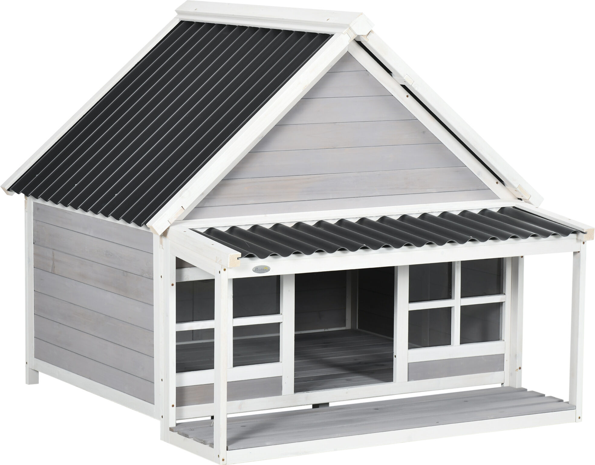 PawHut Wooden Dog House Outdoor Porch Cabin Style Raised Dog Shelter PVC Roof Front Door Windows Large Medium Dog   Aosom.com