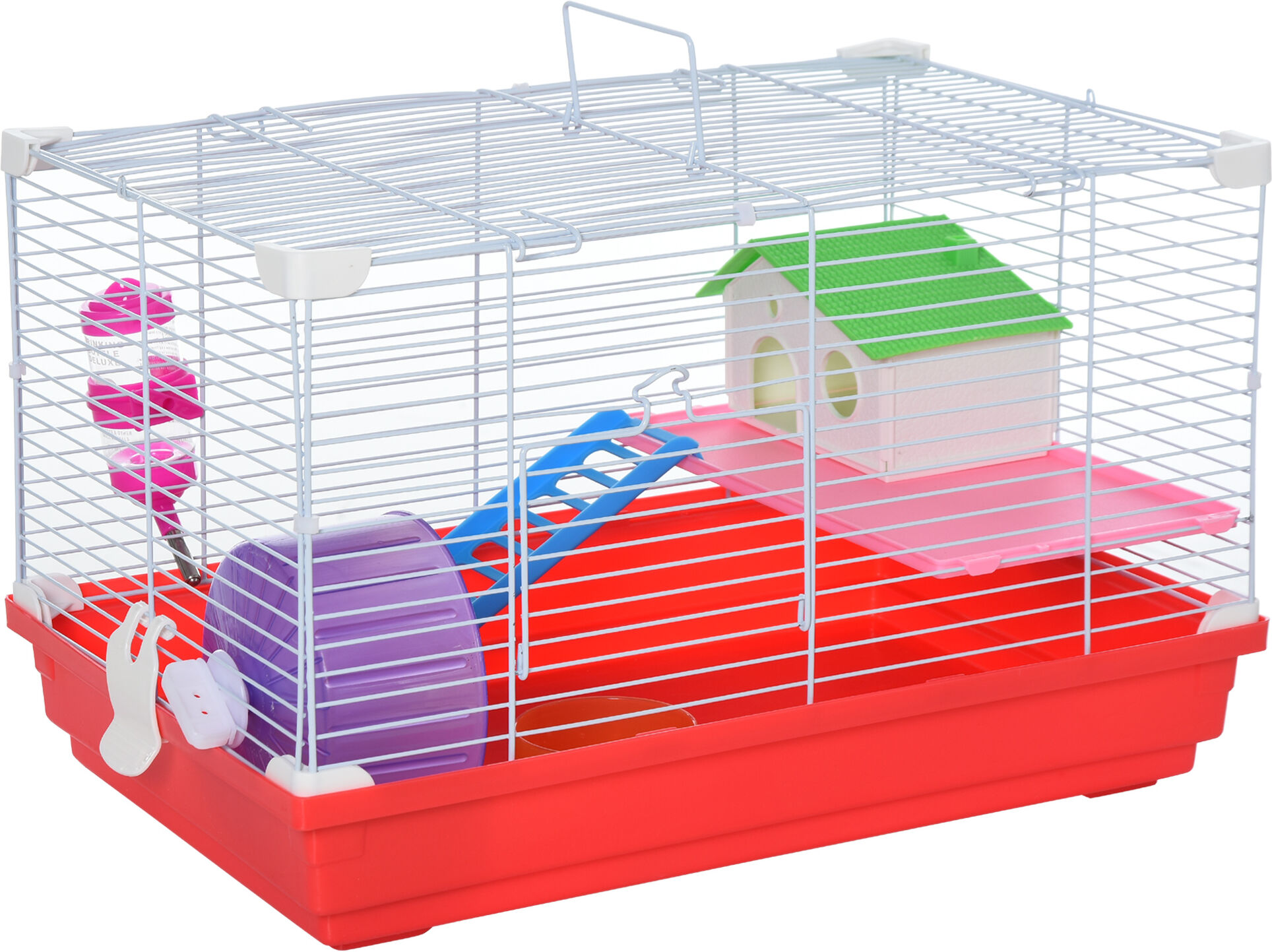 PawHut 18.5'' Hamster Cage with Exercise Wheel and Water Bottle Dishes, Small Animal Cages, 2 Storey Design, Red