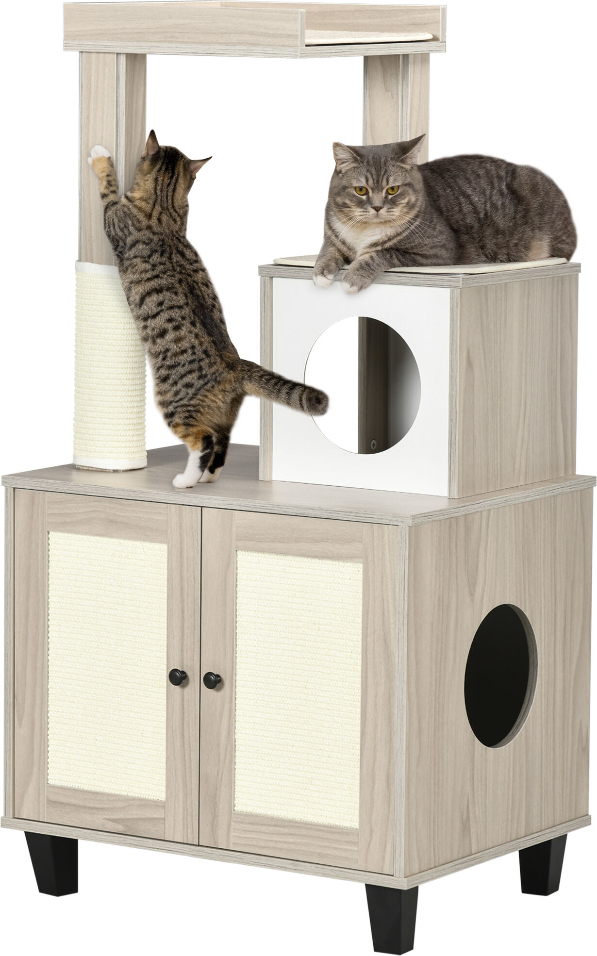 PawHut 50" Small Cat Tower with Litter Box Enclosure, Modern Cat Tree with Scratching Post, Cute Cat Litter Box Furniture Hidden, Kitty Litter Box