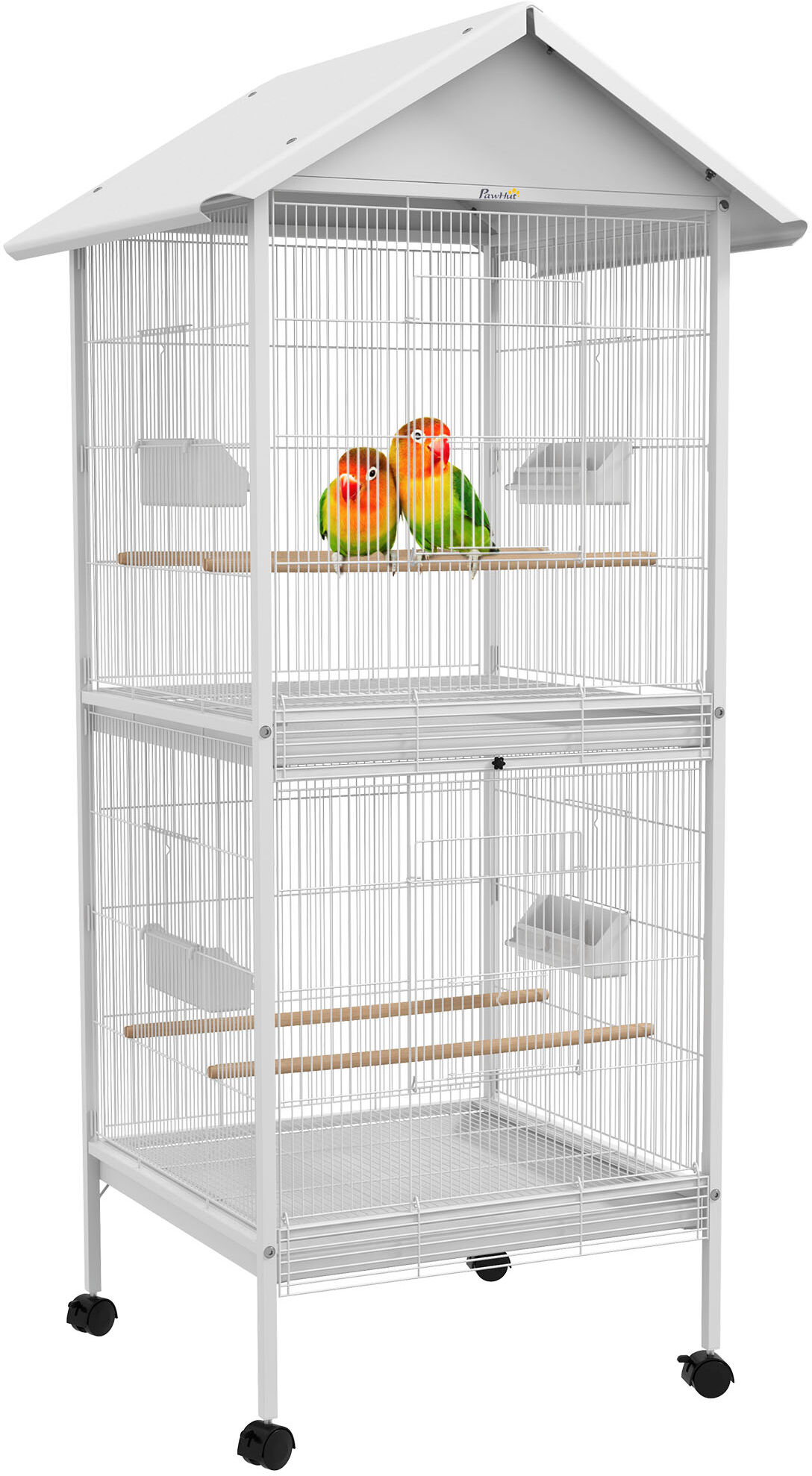 PawHut Wrought Metal Bird Cage Feeder with Rolling Stand Perches Food Containers Doors Wheels 67" H, White