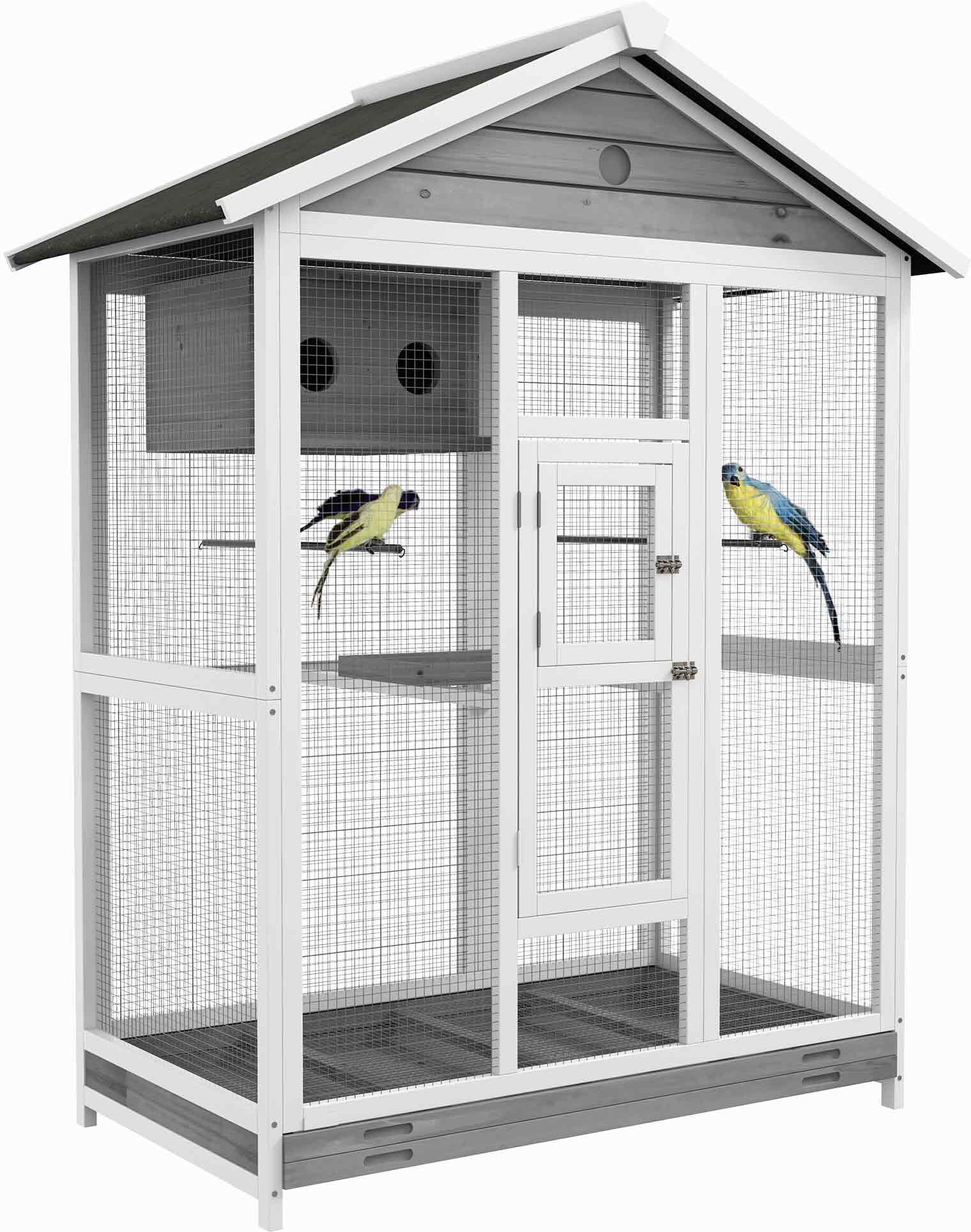 PawHut 64.5" Wooden Bird Cage Aviary, Flight Cage with 4 Perches, Nest and Slide-Out Tray for Indoor/Outdoor, Gray