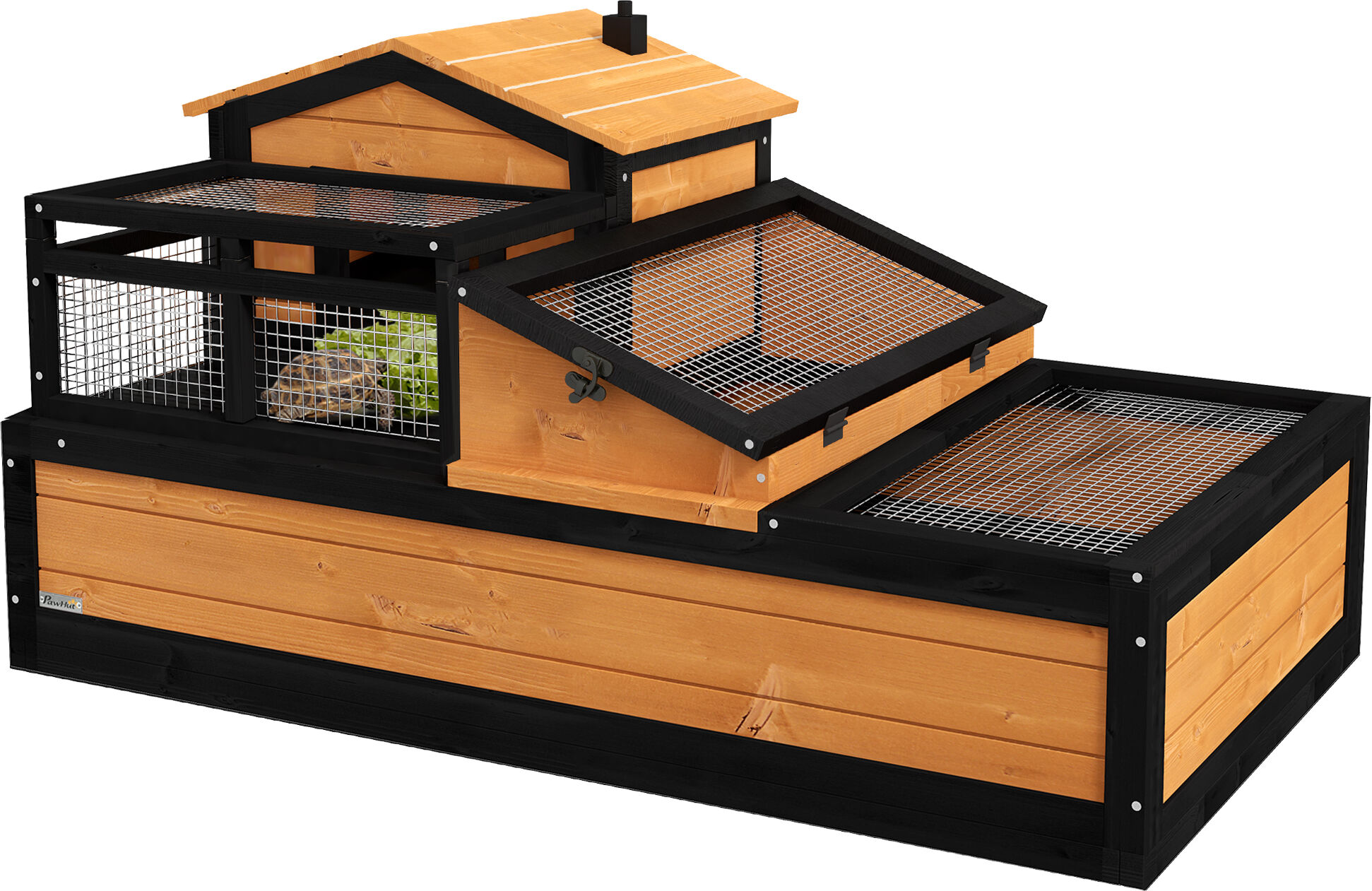 PawHut 3-Room Tortoise House Habitat with Balcony, Indoor/Outdoor Wooden Tortoise Enclosure with Ladder, Tray, Openable Roof & Reptile Cage, Yellow