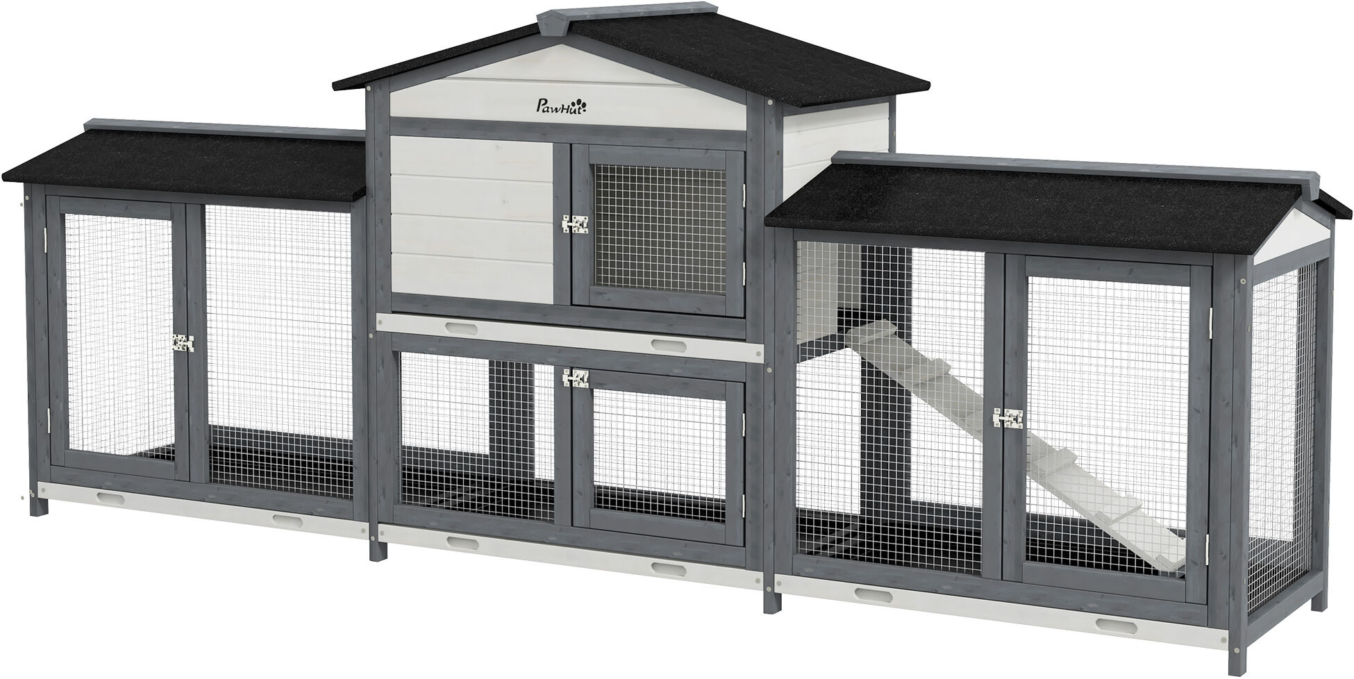 PawHut 90.5" Wooden Rabbit Hutch Bunny Cage Pet Playpen House Enclosure with Double Side Run Boxes, for Guinea Pig and Small Animals, Light Grey