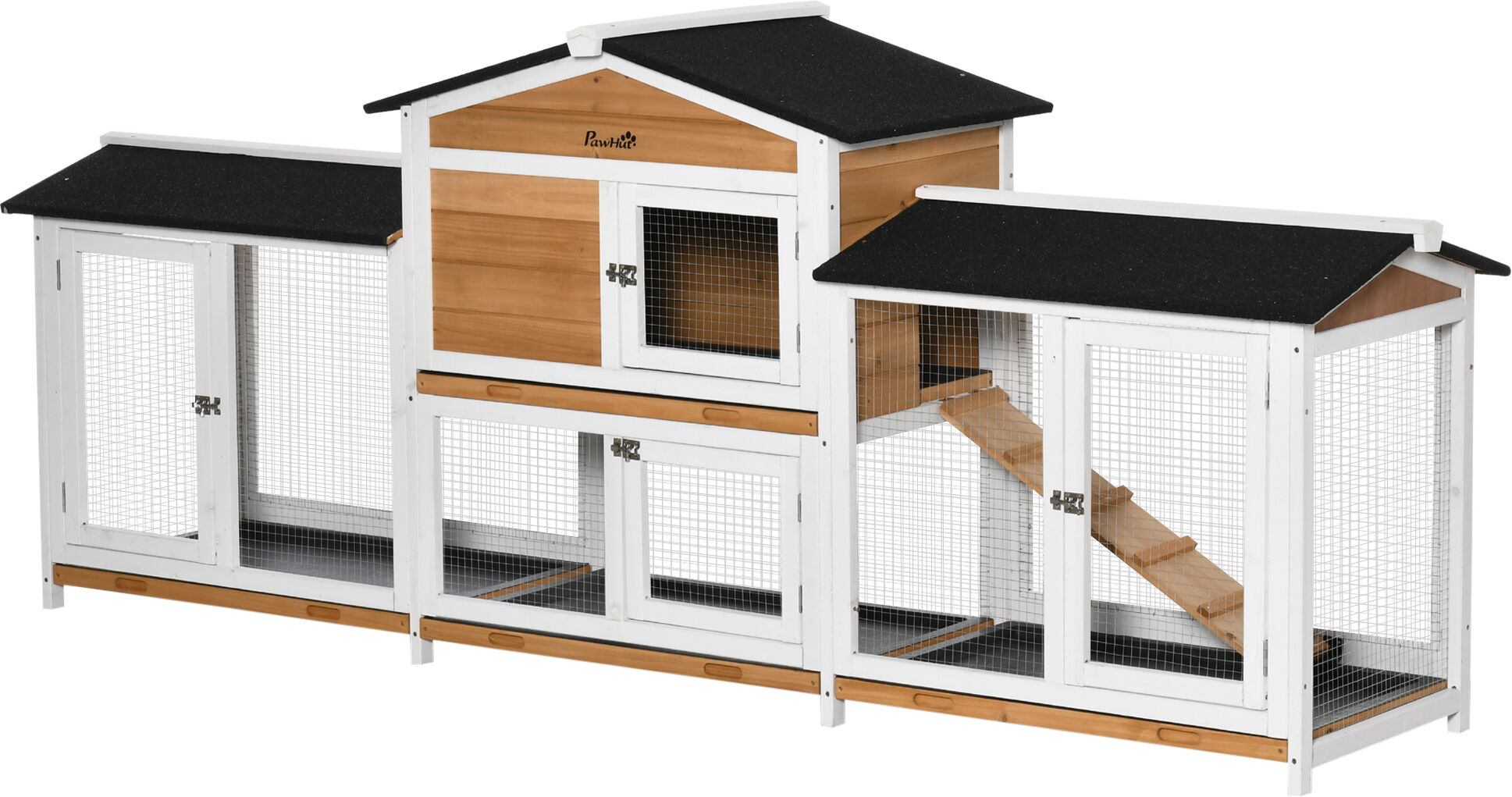 PawHut 90.5" Wooden Rabbit Hutch Bunny Cage Pet Playpen House Enclosure with Double Side Run Boxes & Ramp, for Guinea Pig and Small Animals, White