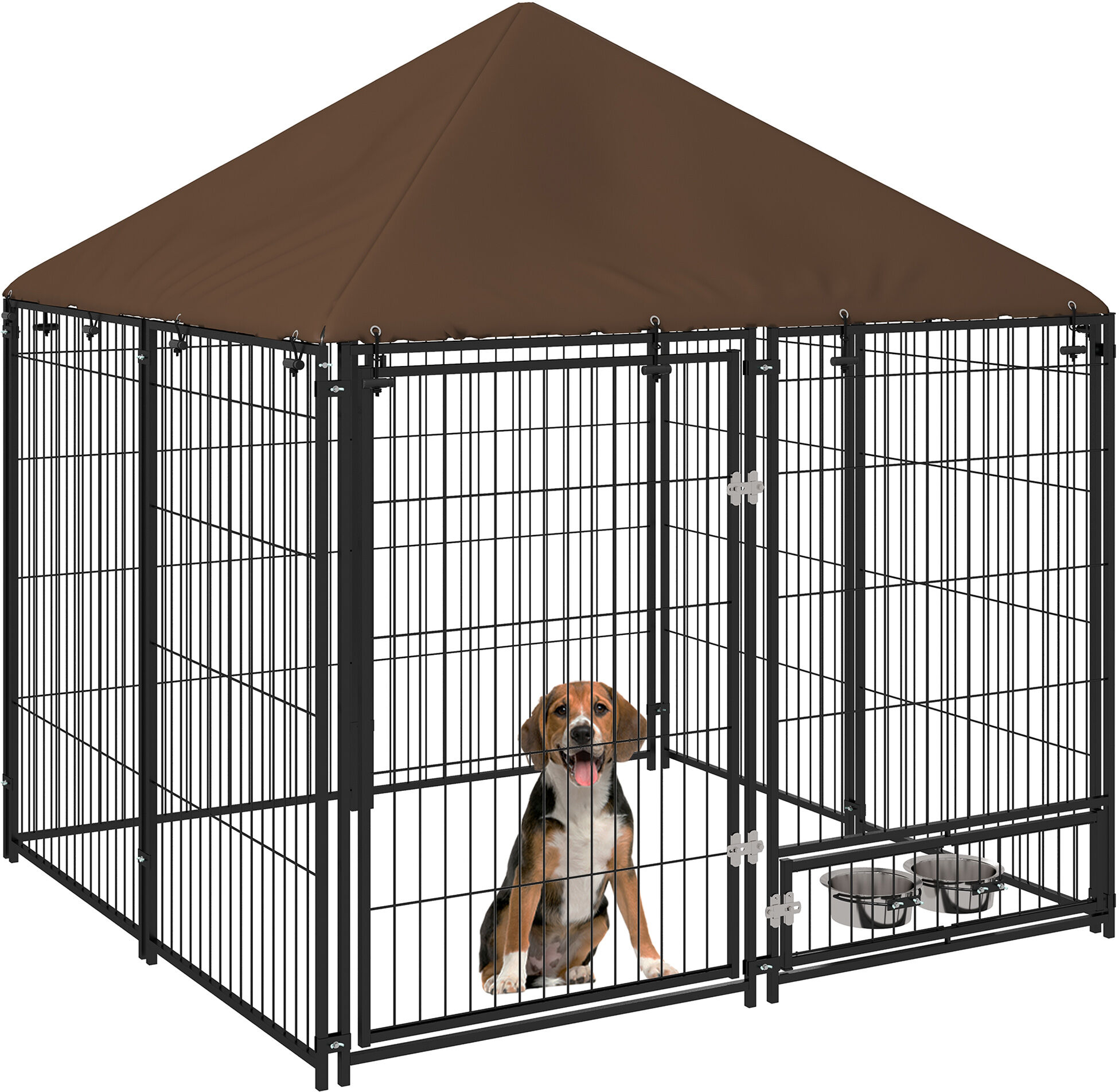 PawHut Outside Dog Kennel, 4.6' x 4.6' x 5' Puppy Play Pen with Canopy, Garden Playpen Fence Crate Enclosure Cage with Rotating Bowl, Black