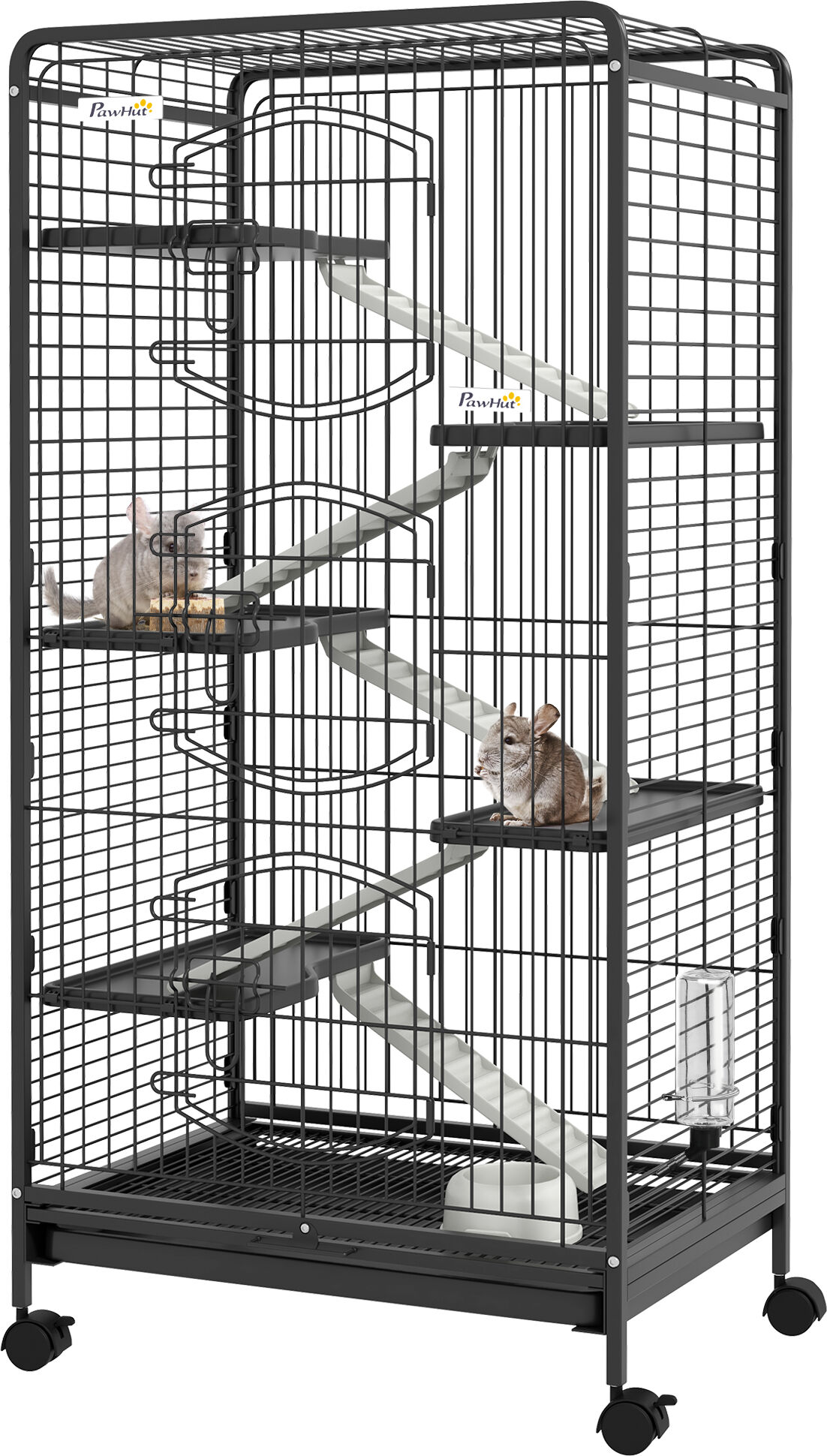 PawHut 5-Level Small Animal Cage for Rabbit, Pet Mink & Chinchilla w/ Removable Tray, Ramp, Water Bottle & Food Dish, Small Pet Cage for Indoor, Black