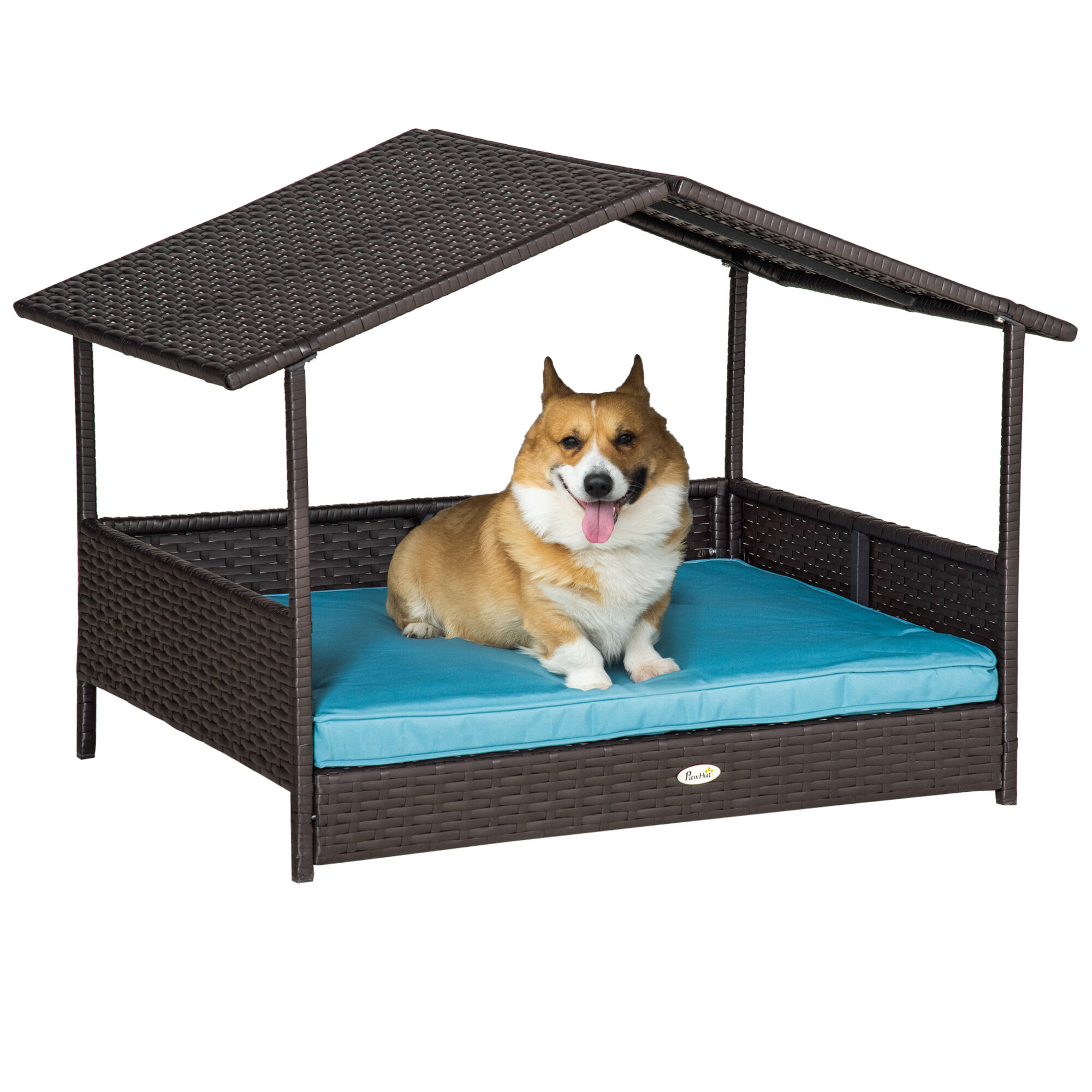 PawHut Elevated Wicker Dog House Indoor Outdoor Raised Rattan Bed Blue Removable Cushion   Aosom.com