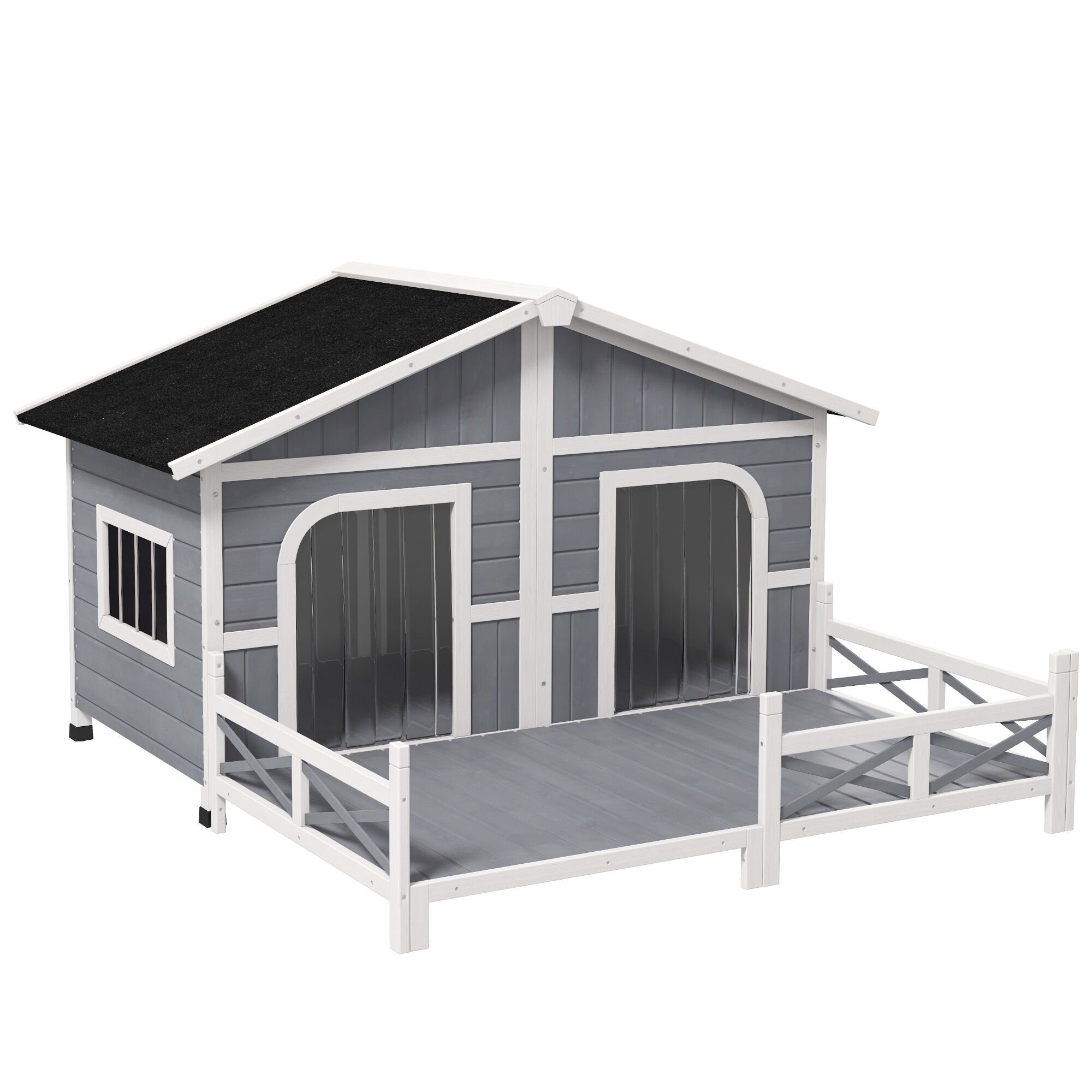PawHut Wooden Large Dog House Outdoor Cabin Style Elevated Pet Shelter with Porch, for Small and Medium Breed Dogs, Gray