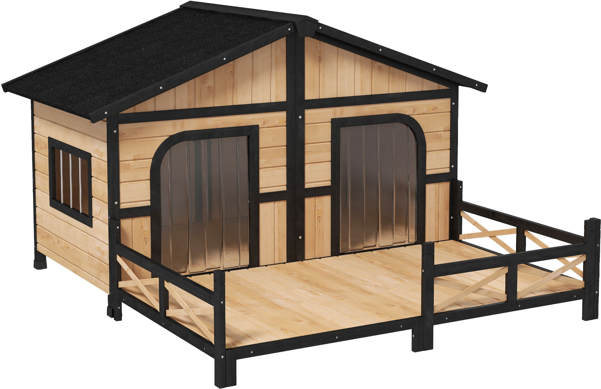 PawHut 59"x64"x39" Large Wooden Dog House Raised Weatherproof Rustic Log Cabin Style Elevated Pet Shelter Porch Deck, Natural