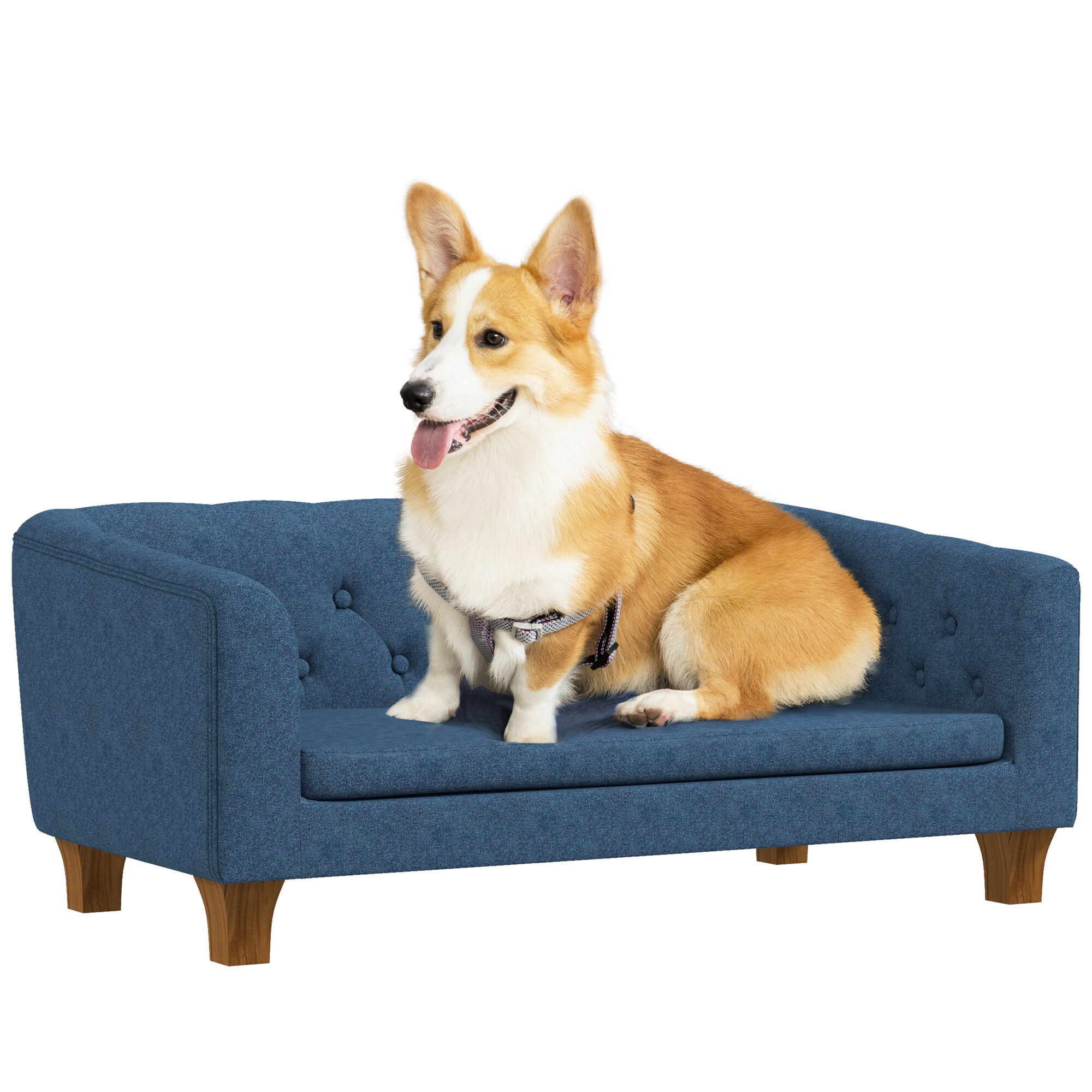 PawHut Raised Dog Sofa, Elevated Pet Sofa for Small and Medium Dogs, with Removable Soft Cushion, Anti-Slip Pads, Simple Installation, Blue