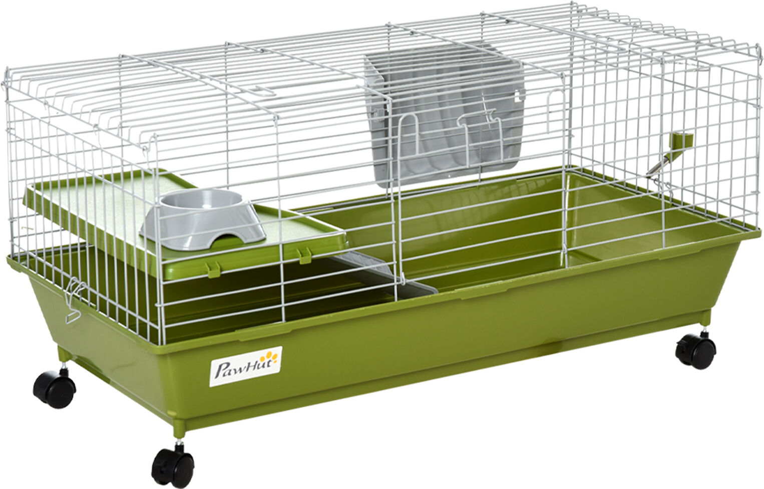 PawHut 35 Green Small Pet Cage Chinchilla Guinea Pig Hutch with Platform Ramp Food Dish Wheels Water Bottle   Aosom.com