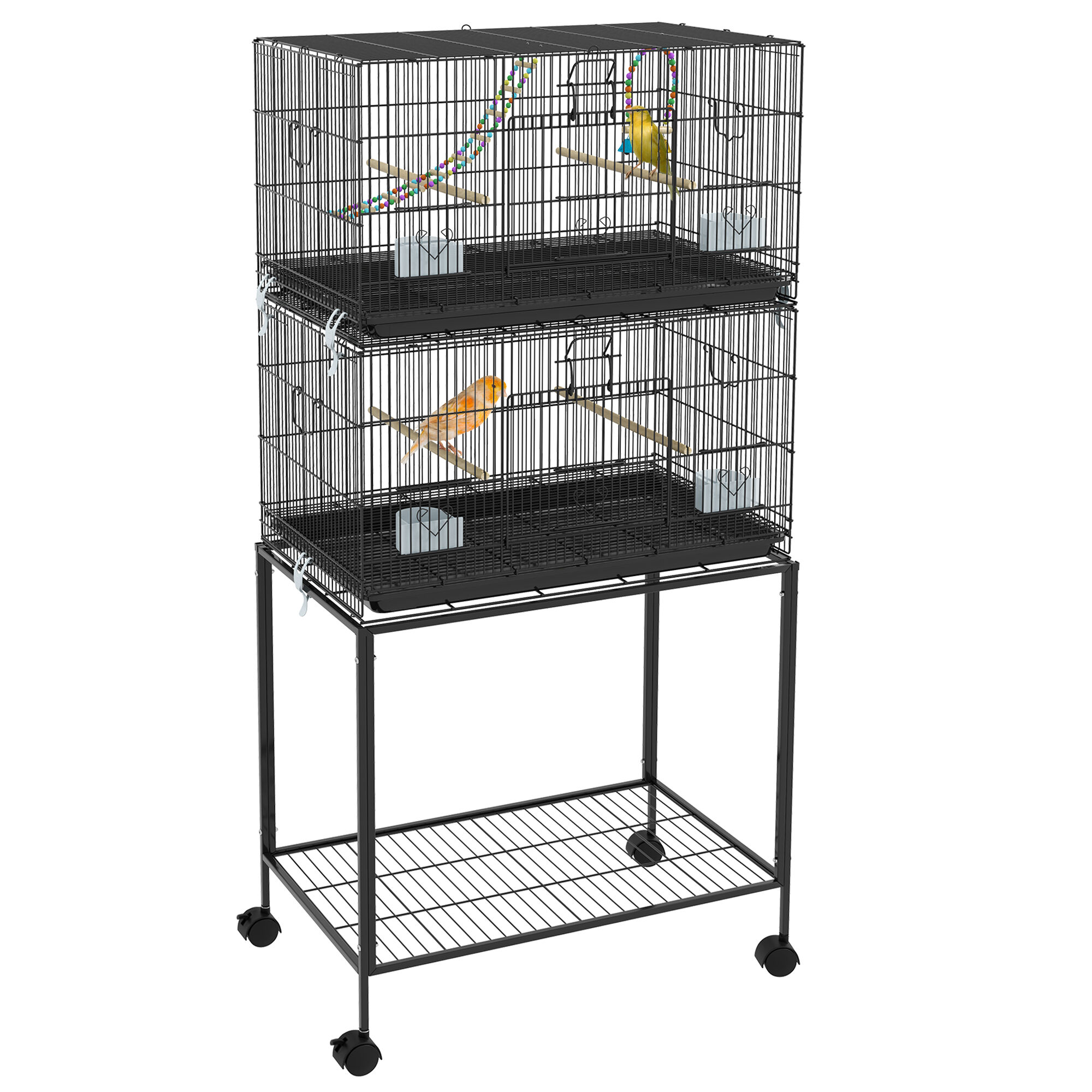 PawHut Spacious Large Bird Cage with Wooden Swing Rope Ladder Wheels Budgie Cage with Storage Shelf Removable Tray for Canaries   Aosom.com