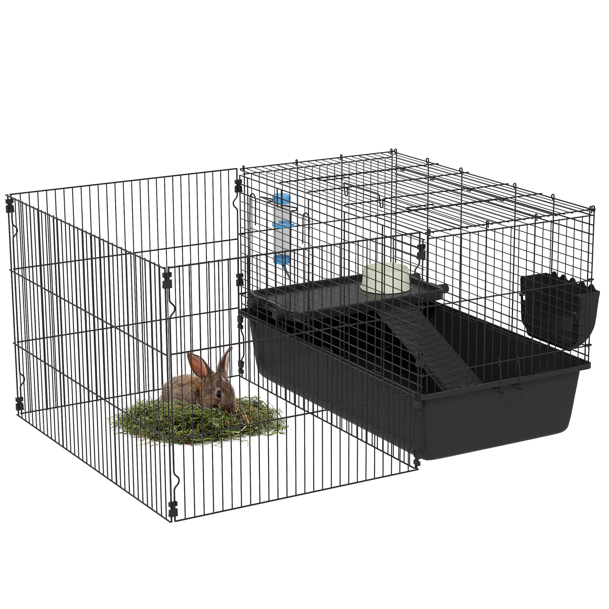 PawHut Small Animal Cage with Playpen, Pet Habitat Hutch Indoor for Guinea Pig, Bunnies with Water Bottle, Food Dish & Feeding Trough, 42" x 33" x 21"