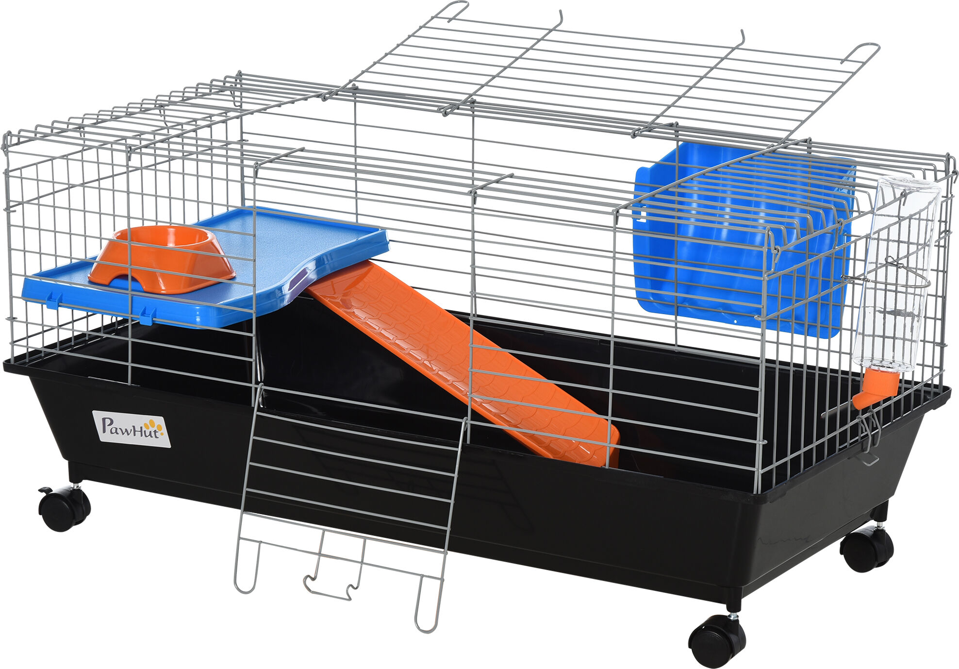 PawHut 35L Bunny Hutch Rolling Small Animal Cage Guinea Pig Home with Food Dish Water Bottle Hay Feeder Ramp Black   Aosom.com