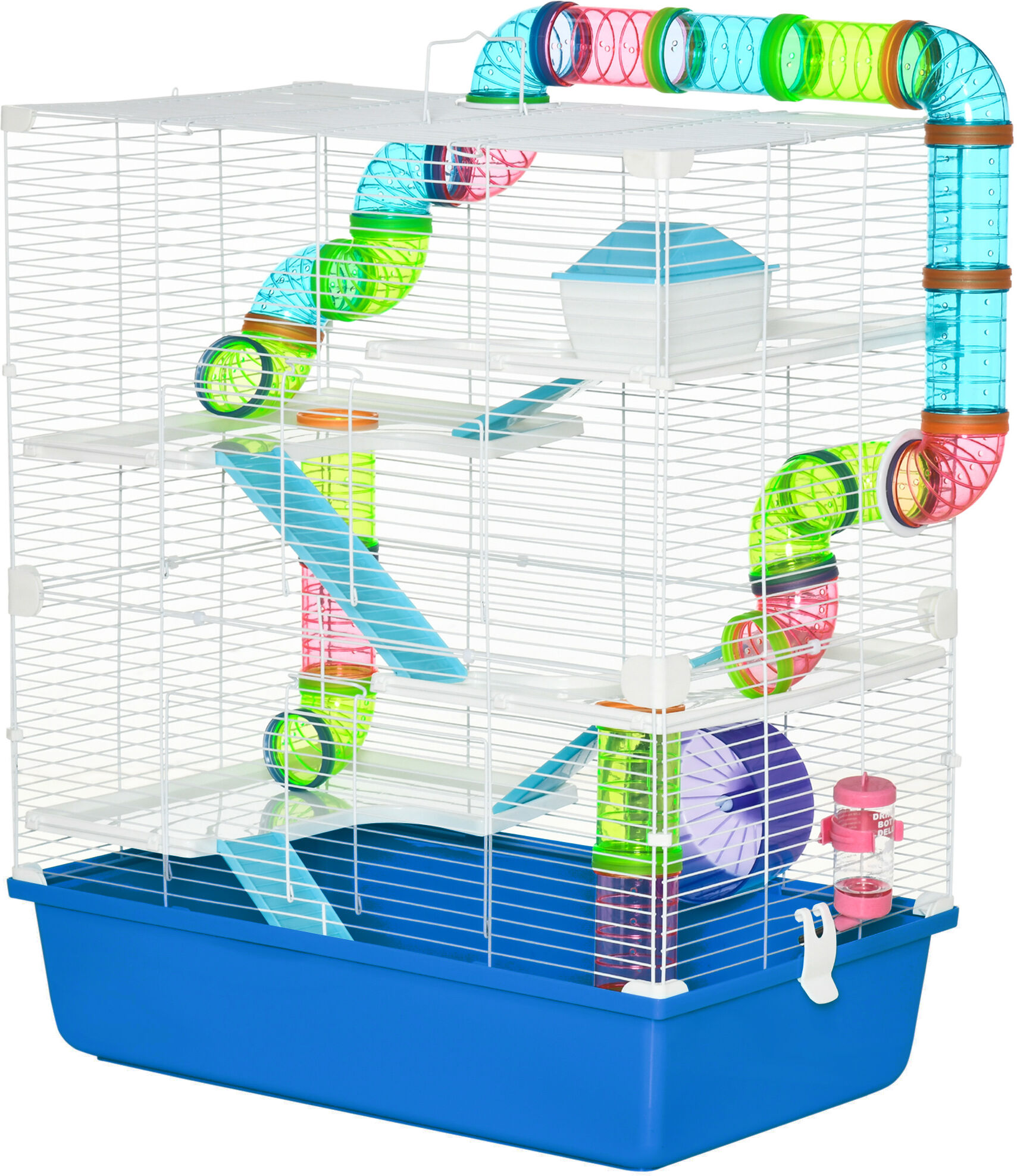 PawHut 5-Tier Best Hamster Cage, Portable Carry Handles, Anti-Pinning, Includes Exercise Wheel, Water Bottle, Food Dish, Tubes,a Blue   Aosom.com