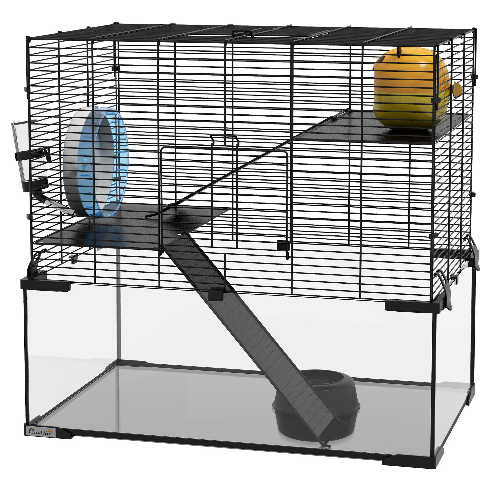 PawHut 3-Tier Hamster Cage with Wheel Water Bottle Food Bowl Black for Small Hamsters   Aosom.com