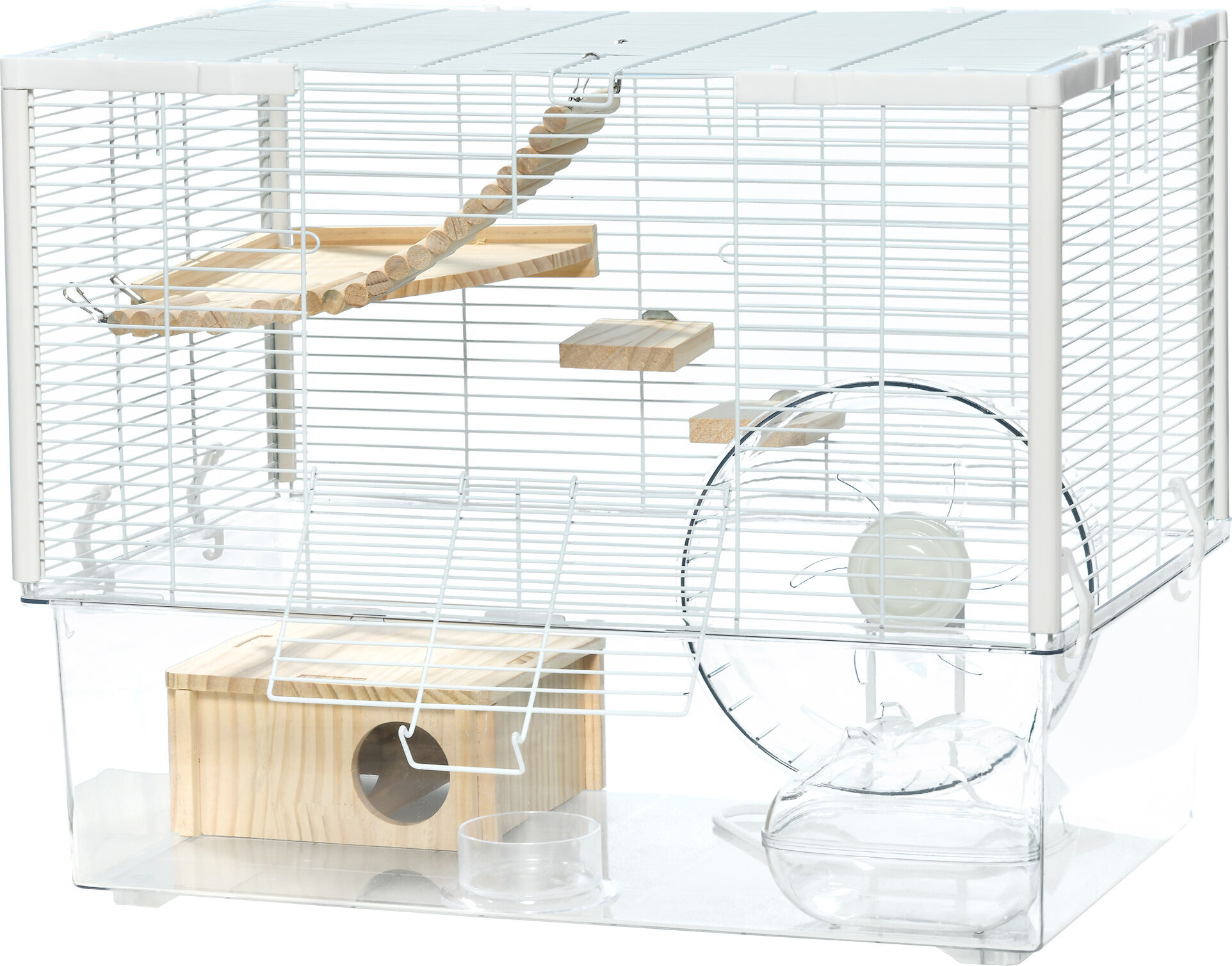 PawHut Wooden Hamster Cage, Gerbil Cage with Deep Bottom, Exercise Wheel, Food Dish, White