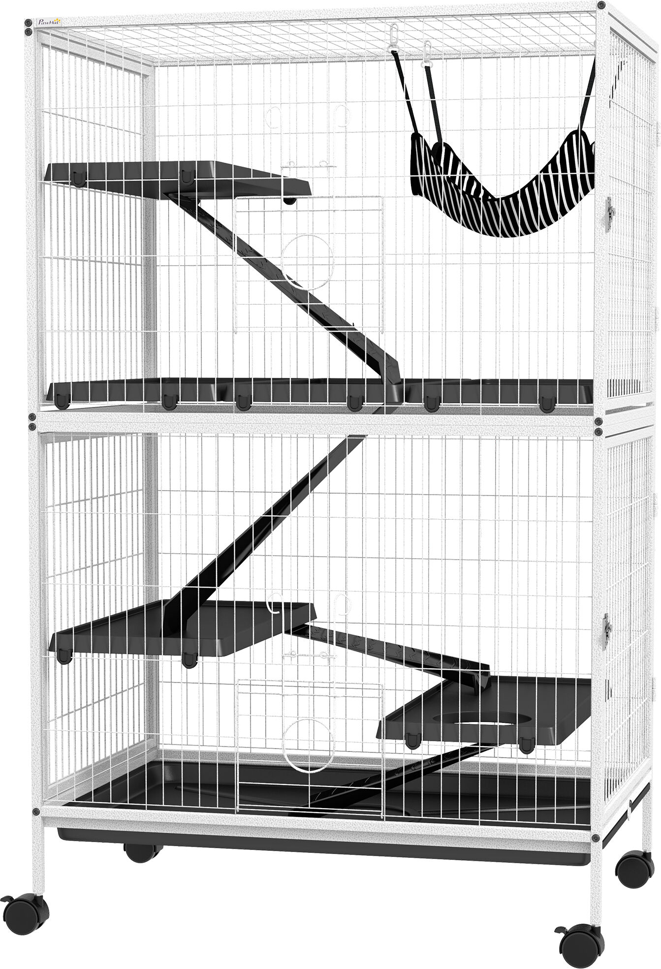 PawHut 50" H Rolling Small Animal Cage with Hammock, Ferret Cage, Chinchilla Cage, Pet Habitat, wIth 4 Doors, Removable Tray