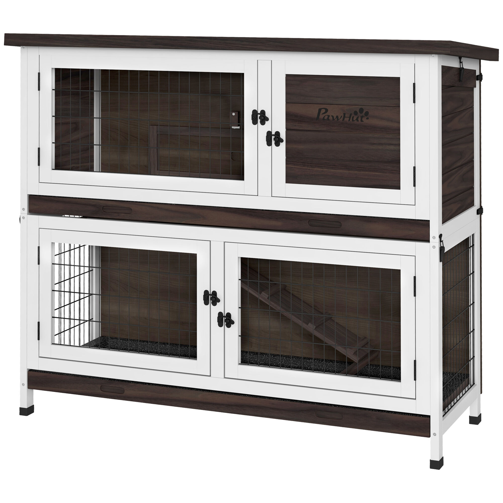 PawHut 46" Outdoor Rabbit Hutch, Bunny Cage Pet House w/ Removable Trays & Ramp for 1-2 Rabbits, Small Animal Habitat, Brown
