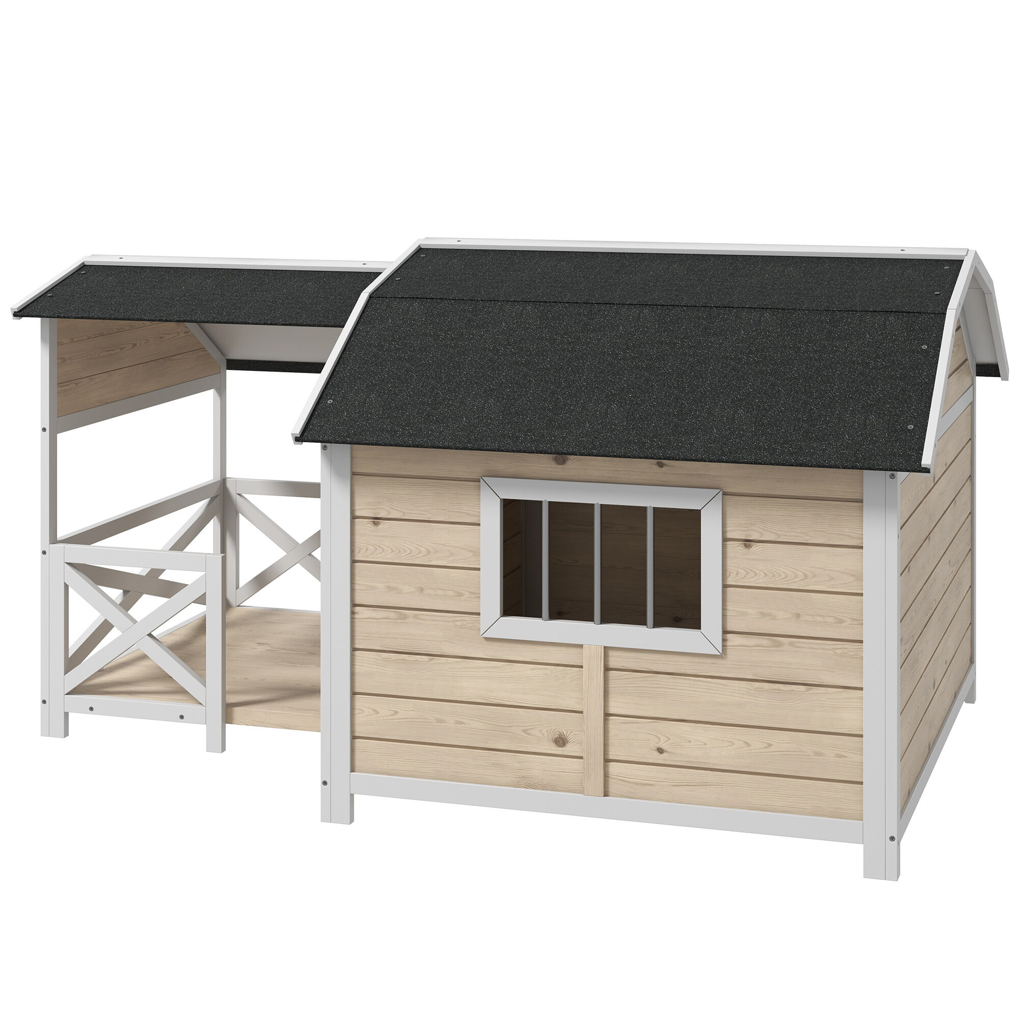 PawHut Wooden Dog House Gray Outdoor with Porch Raised Pet Kennel Asphalt Roof Front Door Side Windows for Medium Large Dogs   Aosom.com