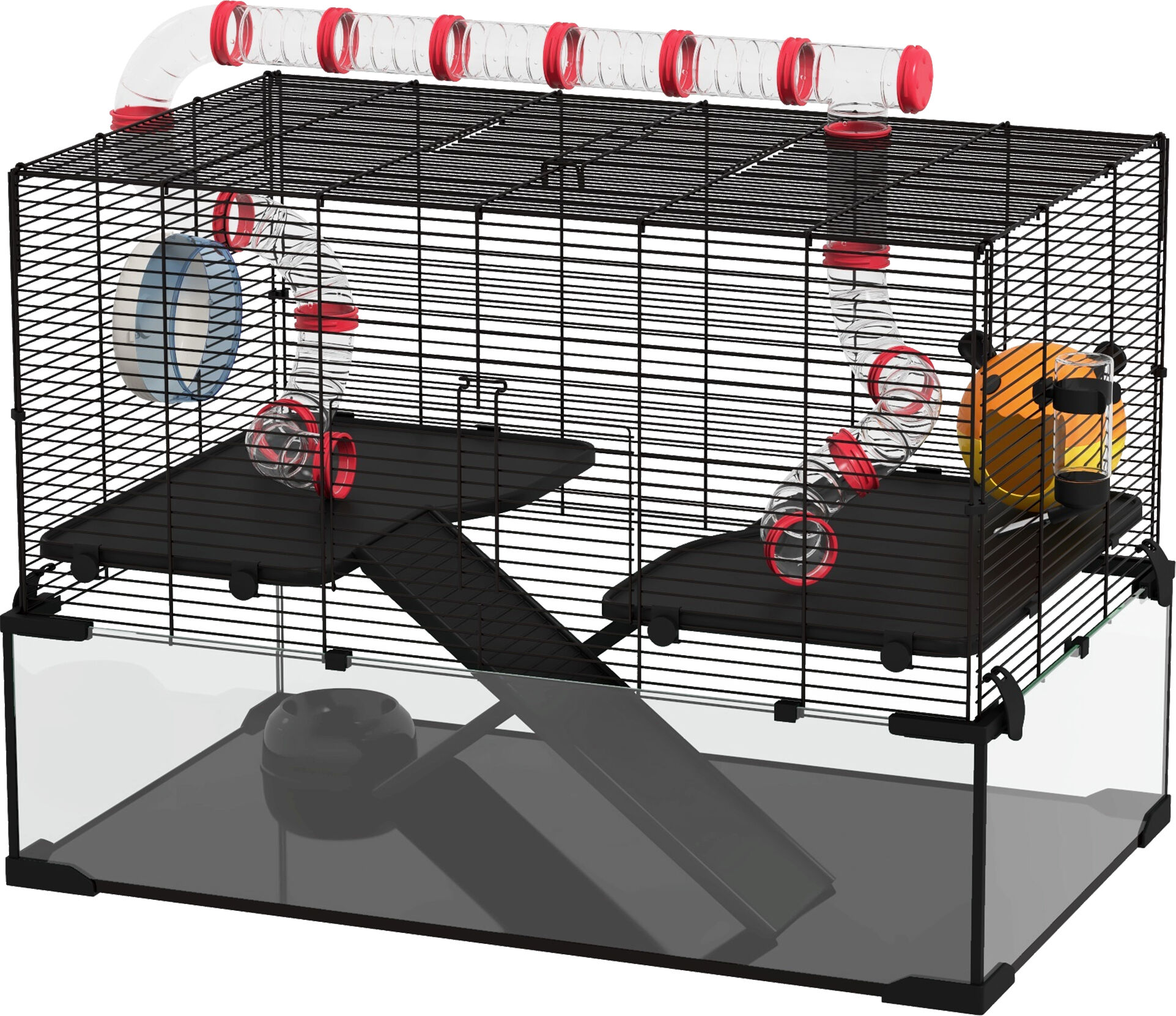 PawHut 2-Tier Hamster Cage with Accessories Wheel Hut Water Bottle Food Bowl Shock Absorbent Black   Aosom.com