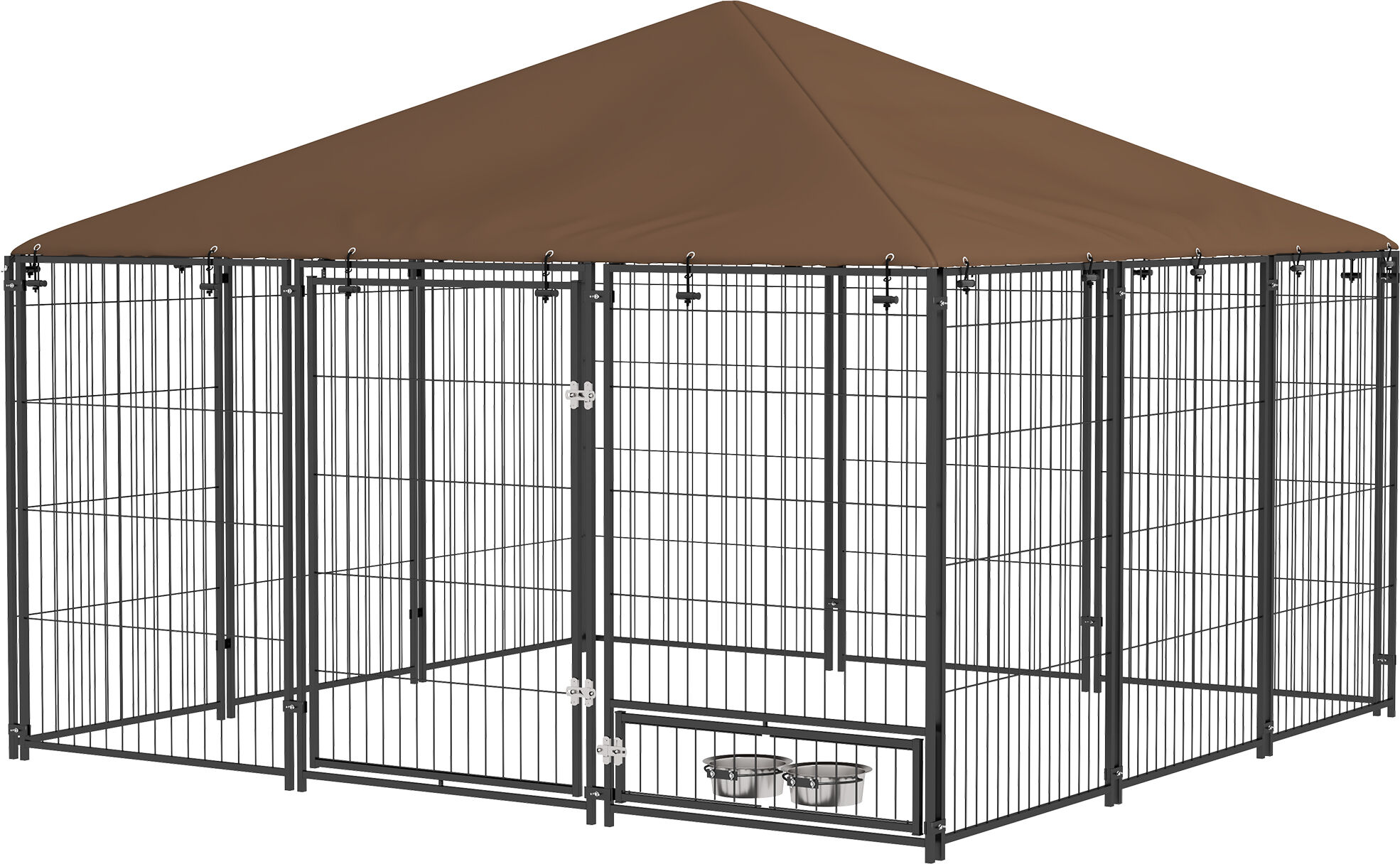 PawHut 6.9'x6.9'x5' Outdoor Dog Kennel with Canopy, Coffee Garden Playpen Fence Crate Enclosure Cage, Rotating Bowl   Aosom.com Secure Pet Play