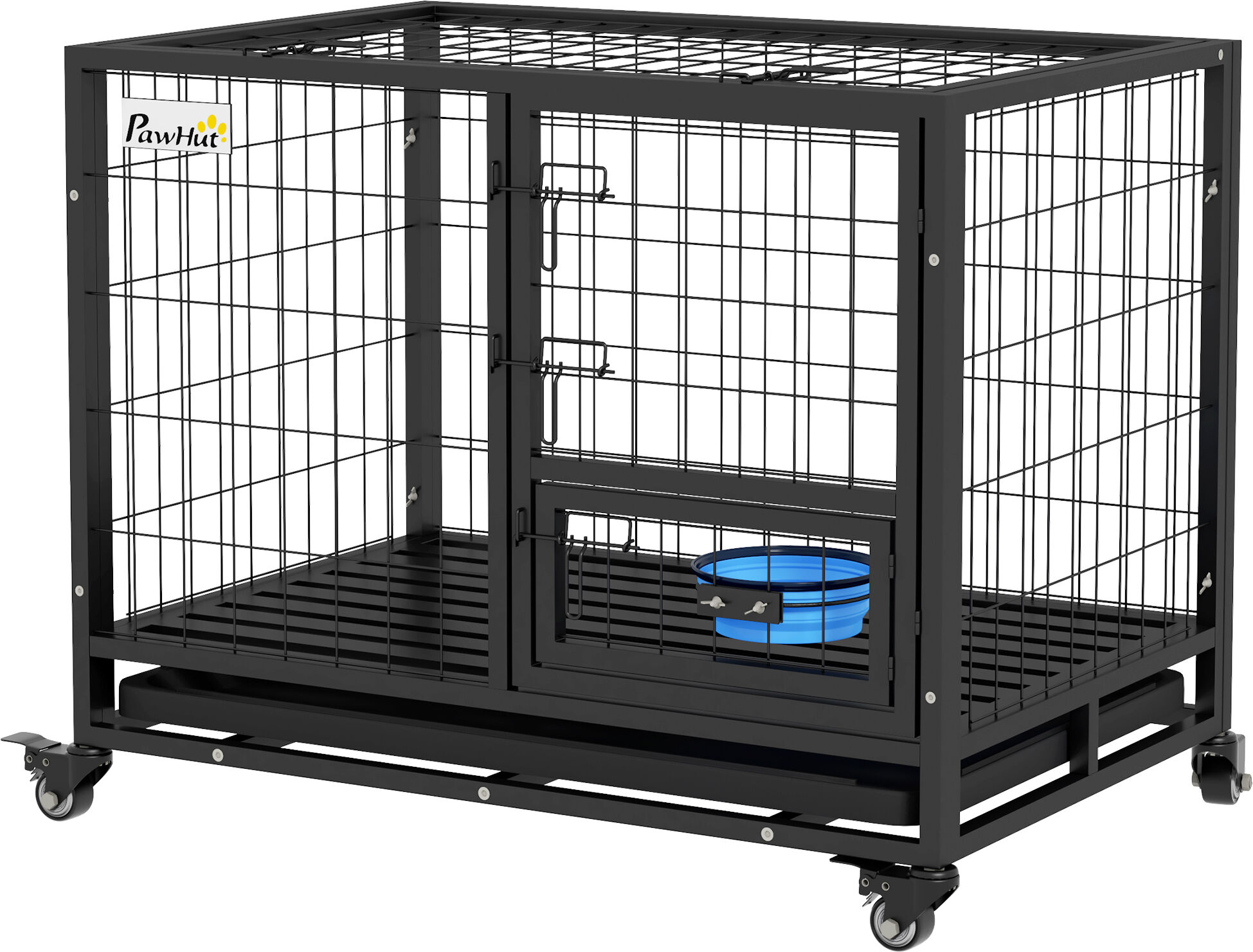 PawHut 36" Heavy Duty Dog Kennel w/ Bowl Holder, Wheels, Detachable Top, Removable Tray for Medium & Large Dogs, Black