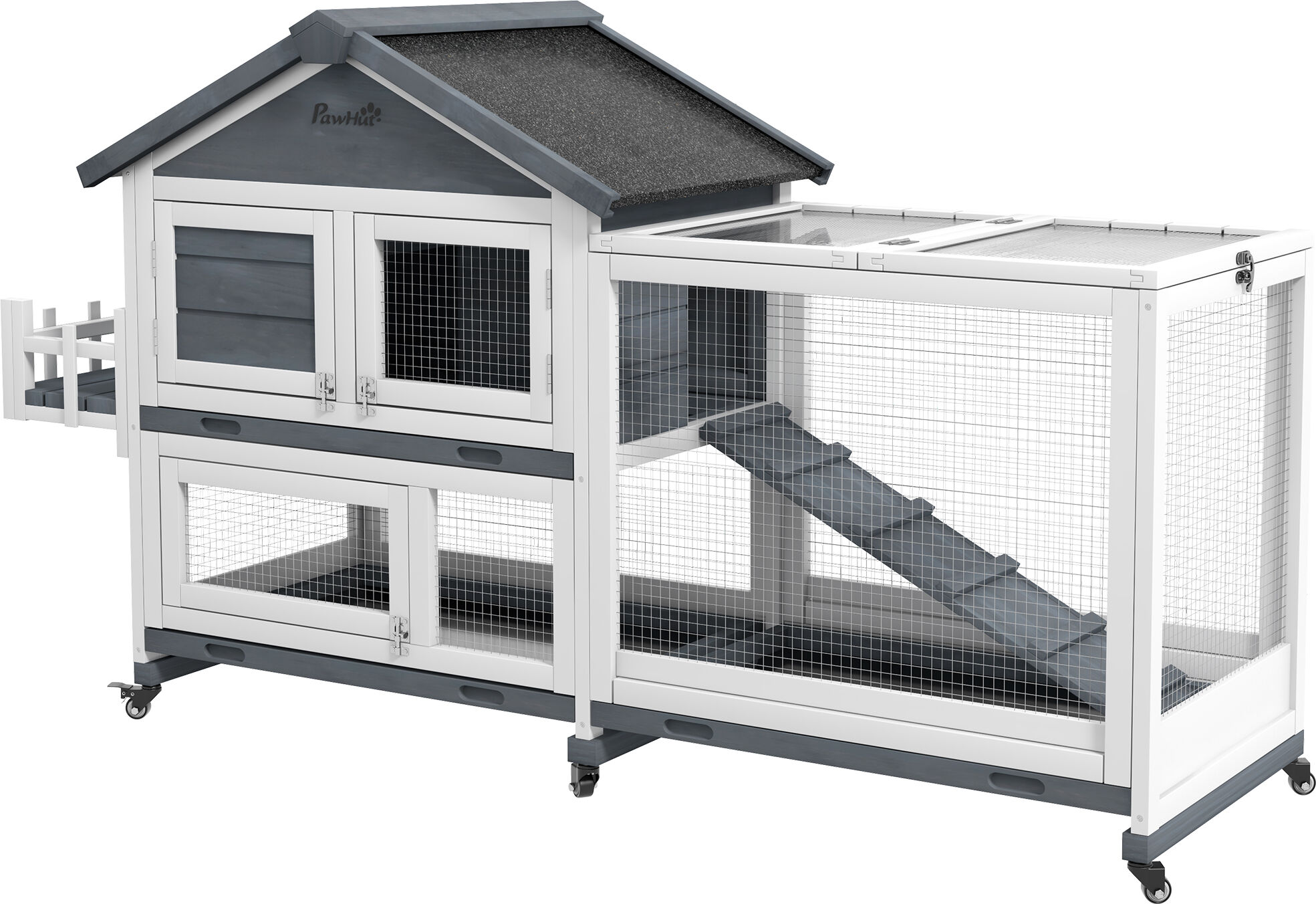 PawHut 65" Wooden Rabbit Hutch, Pet Playpen with Openable Roof, Storage Box, for Rabbits and Small Animals, Gray