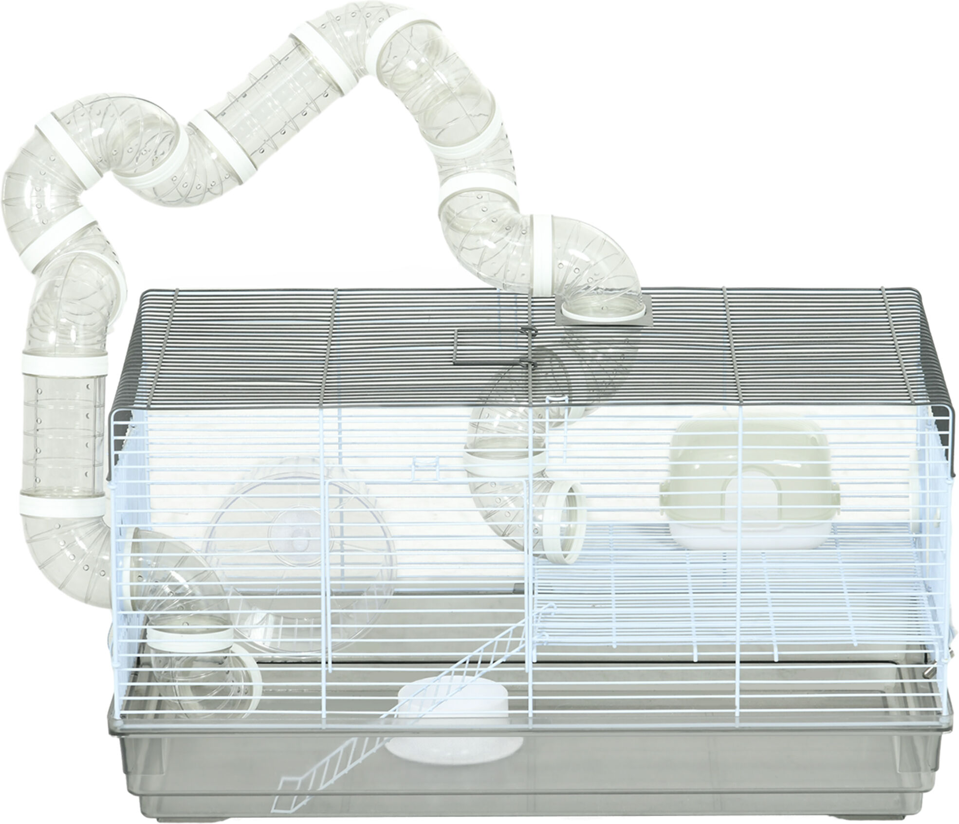 PawHut Small Animal Cage for Gerbil or Dwarf Hamster w/ Tubes, Exercise Wheel, Food Dish, Water Bottle, 23" x 13" x 12", Gray