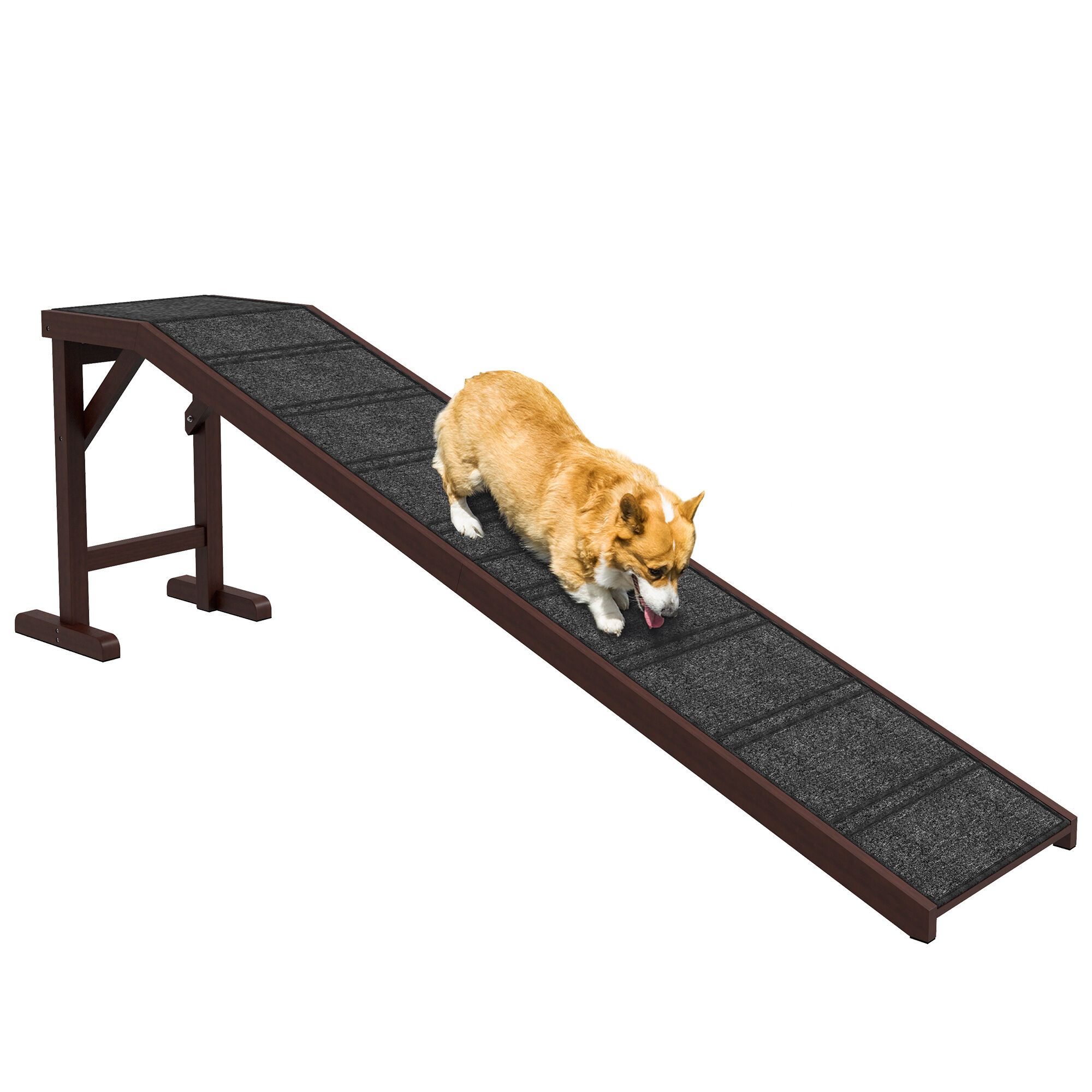 PawHut Dog Ramp for Bed, Pet Ramp for Dogs with Non-slip Carpet & Top Platform, Pine Wood, 74"L x 16"W x 25"H, Brown